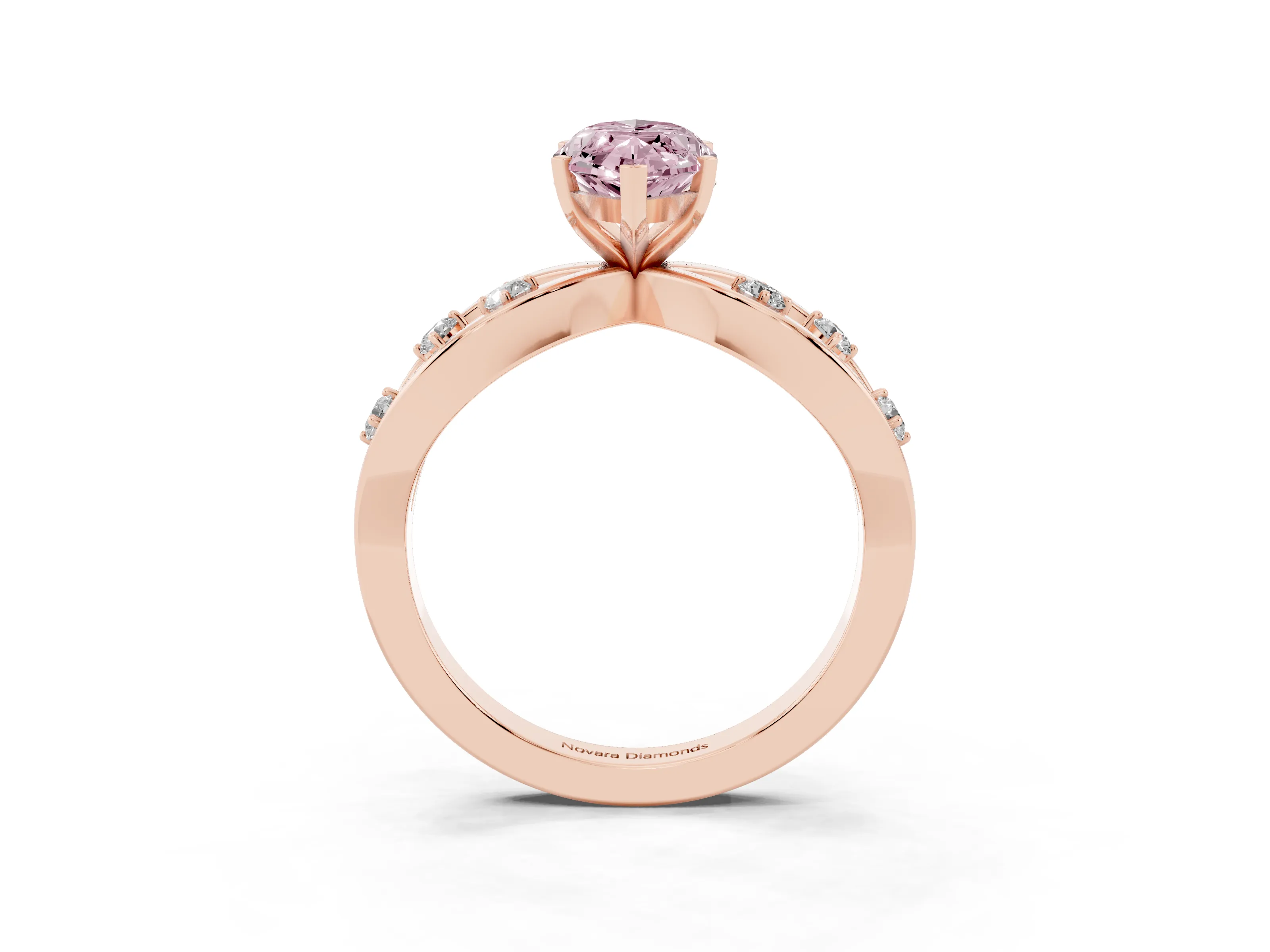 Fancy Pink Marquise Cut Diamond Solitaire Ring Set in Rose gold with Side Stones on Criss-Cross Band and Prong Setting