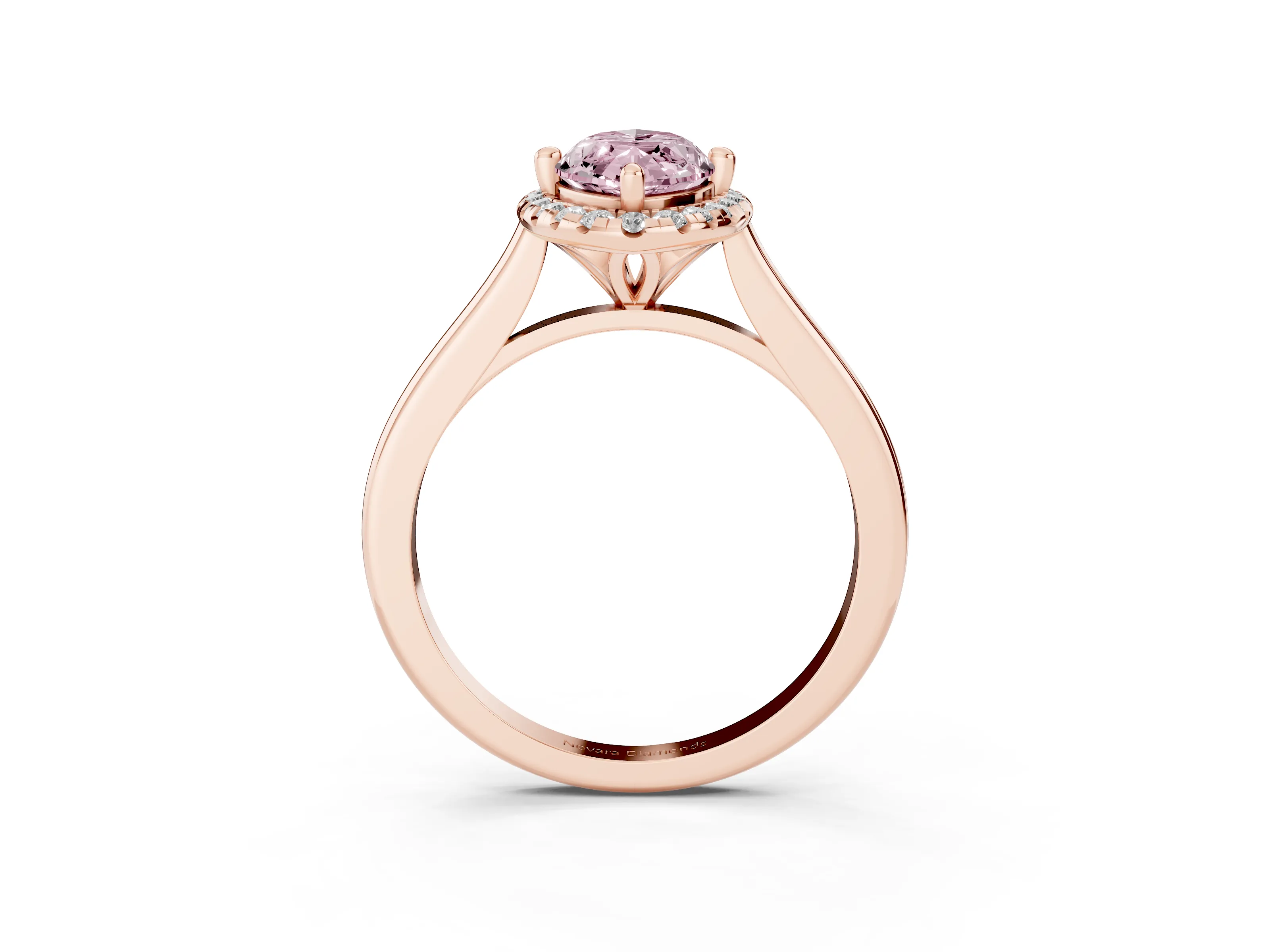 Fancy Pink Marquise Cut Diamond Halo Engagement Ring Set in Rose gold with Pavé Band and Rising Shoulders