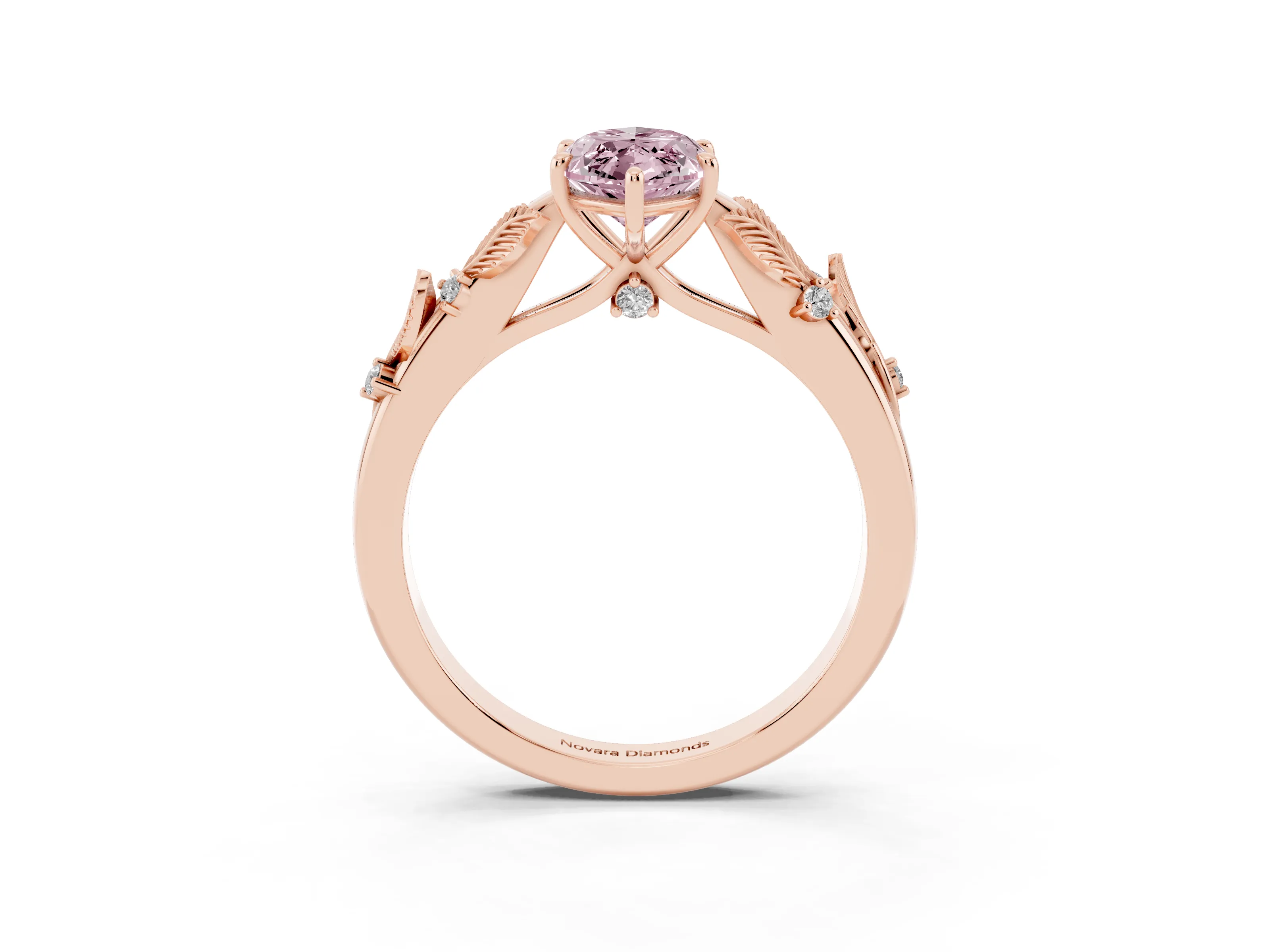 Fancy Pink Marquise Cut Diamond Solitaire Ring Set in Rose gold with Leaf Motif Band