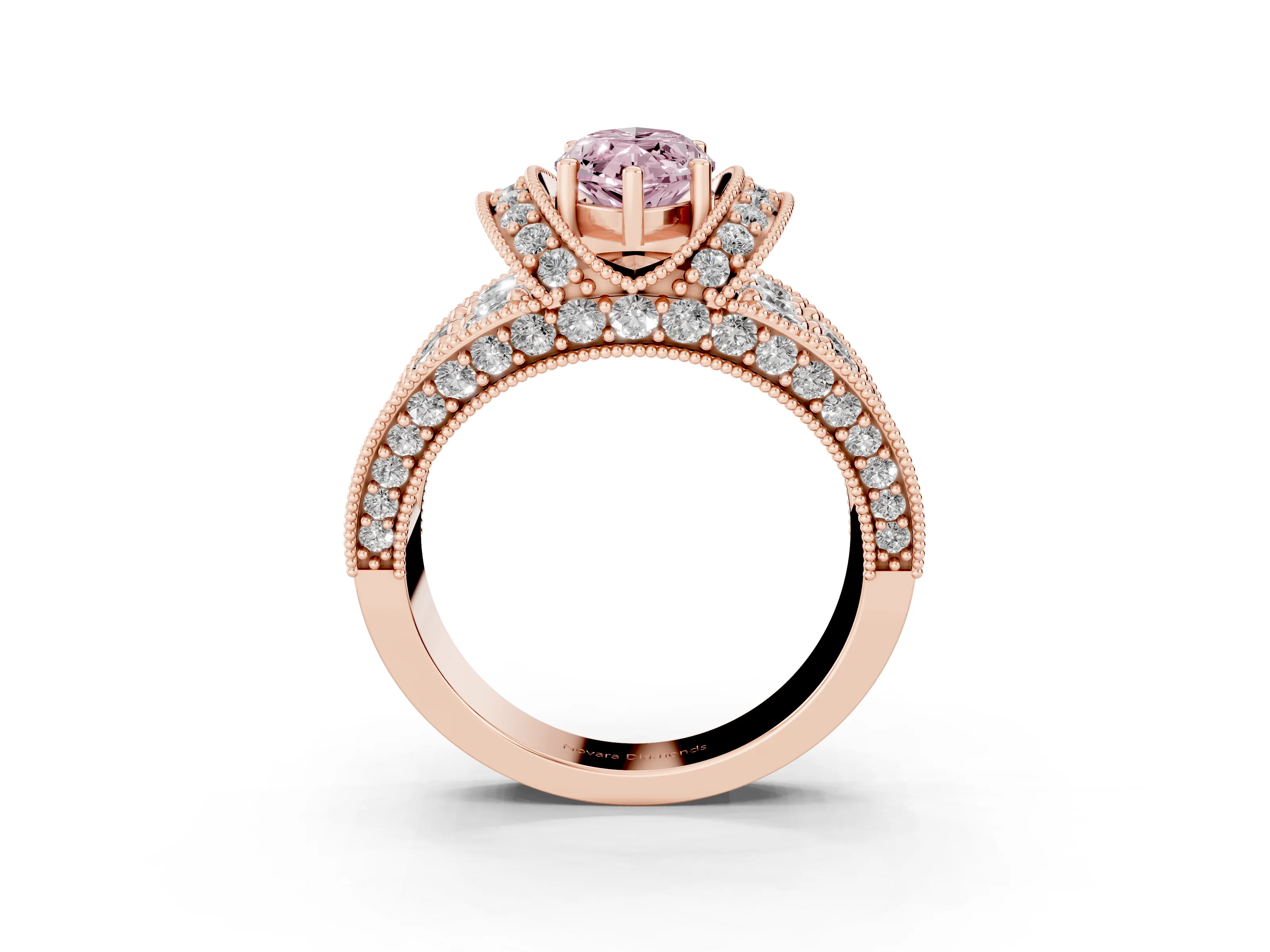 Fancy Pink Marquise Cut Diamond Milgrain Halo Pavé Engagement Ring Set in Rose gold with Prong Setting