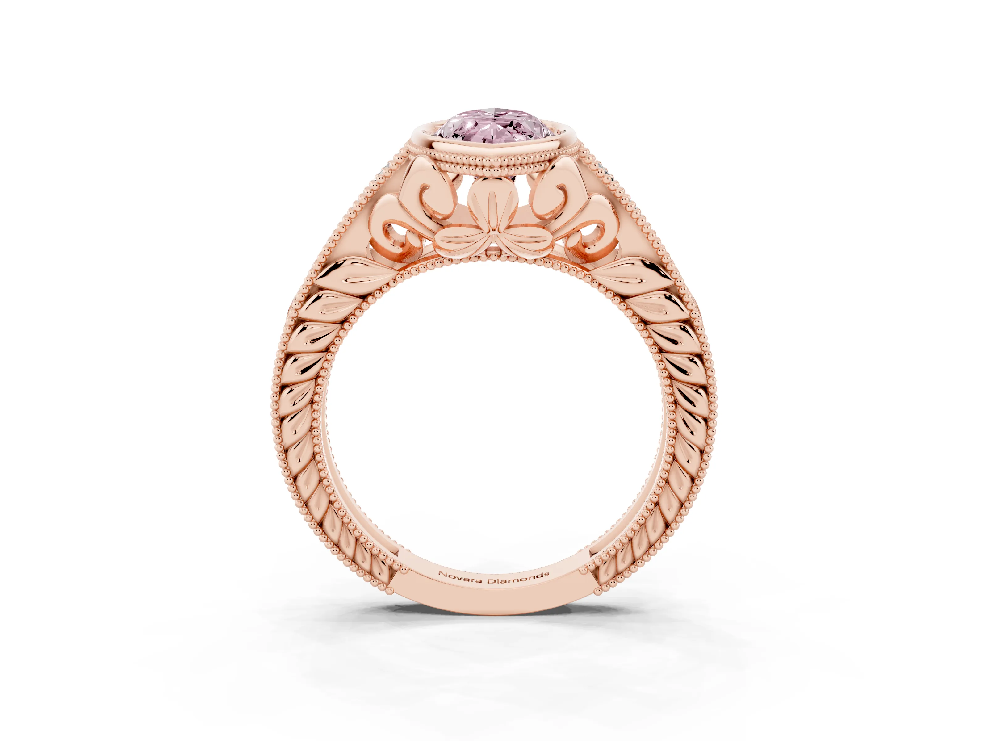 Fancy Pink Bezel Set Marquise Cut Diamond Milgrain Pavé Engagement Ring Set in Rose gold