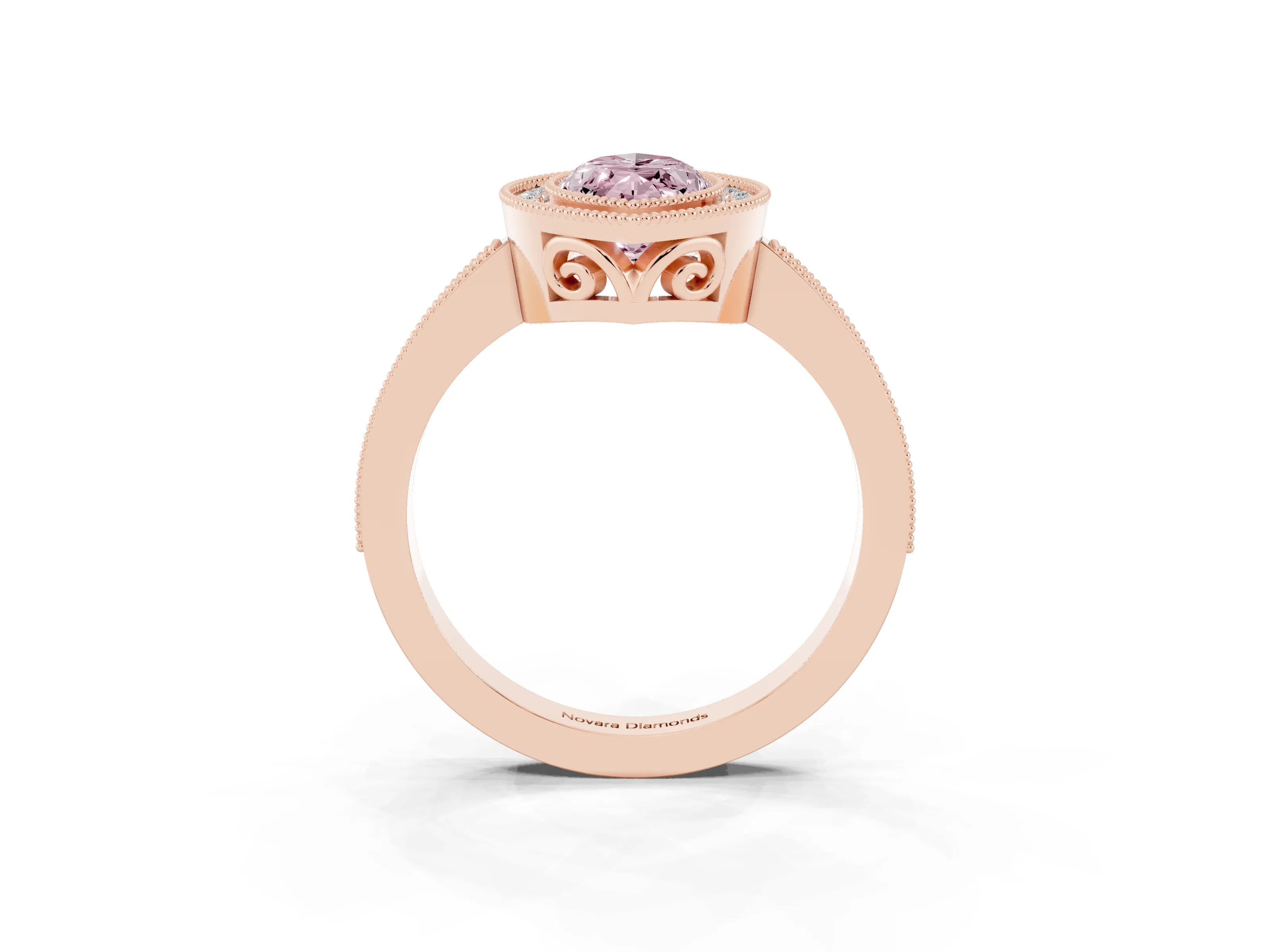 Fancy Pink Marquise Cut Diamond Halo Ring Set in Rose gold with Pavé Band and Milgrain-Edged Prongs
