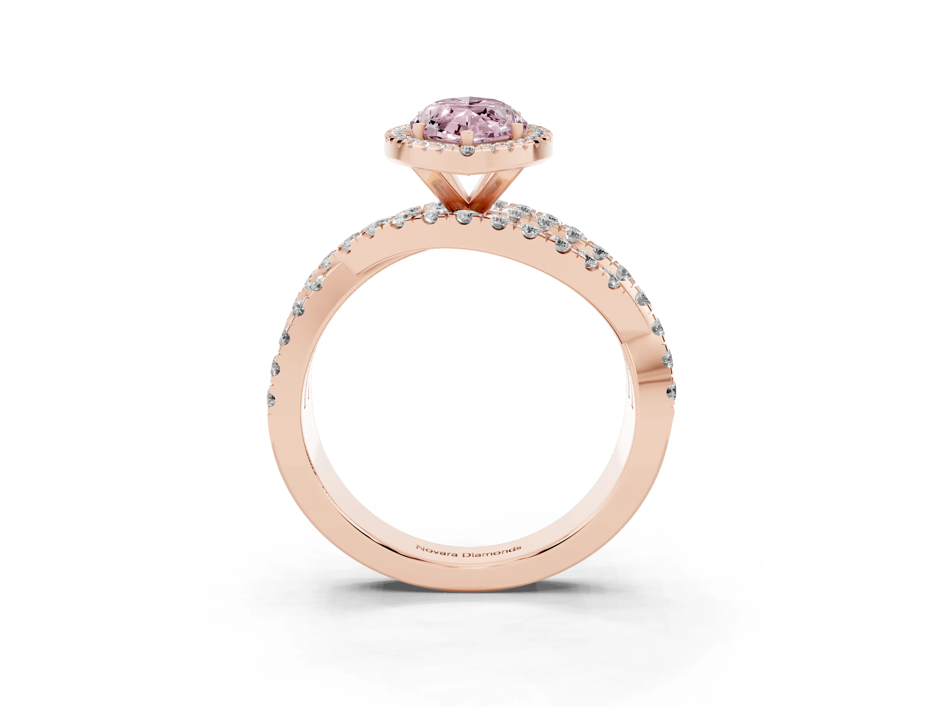 Fancy Pink Marquise Cut Diamond Halo Ring Set in Rose gold with Round Crossover Split Shank and Prong Setting