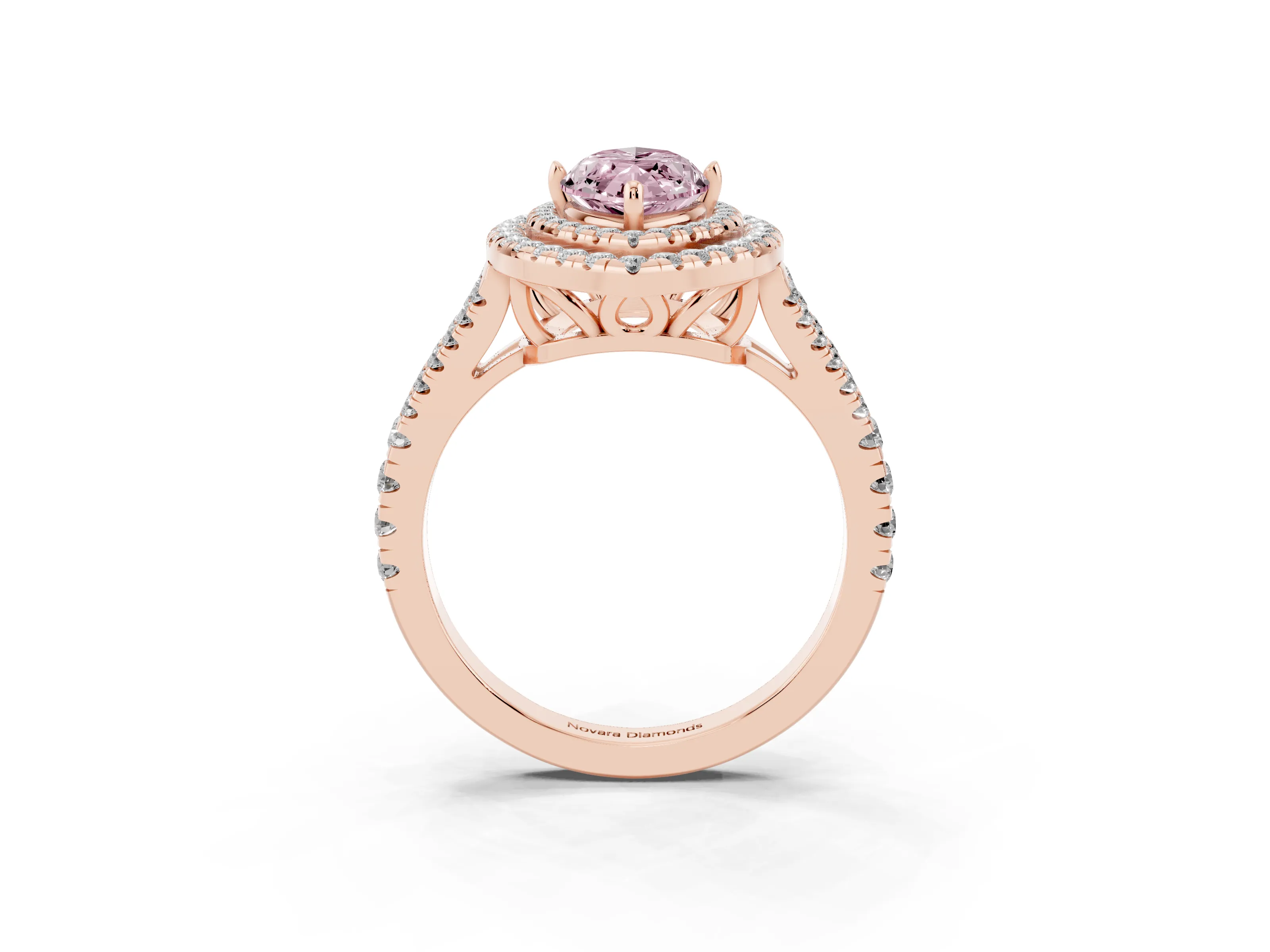 Fancy Pink Marquise Cut Diamond Double Halo Ring Set in Rose gold with Pavé Band