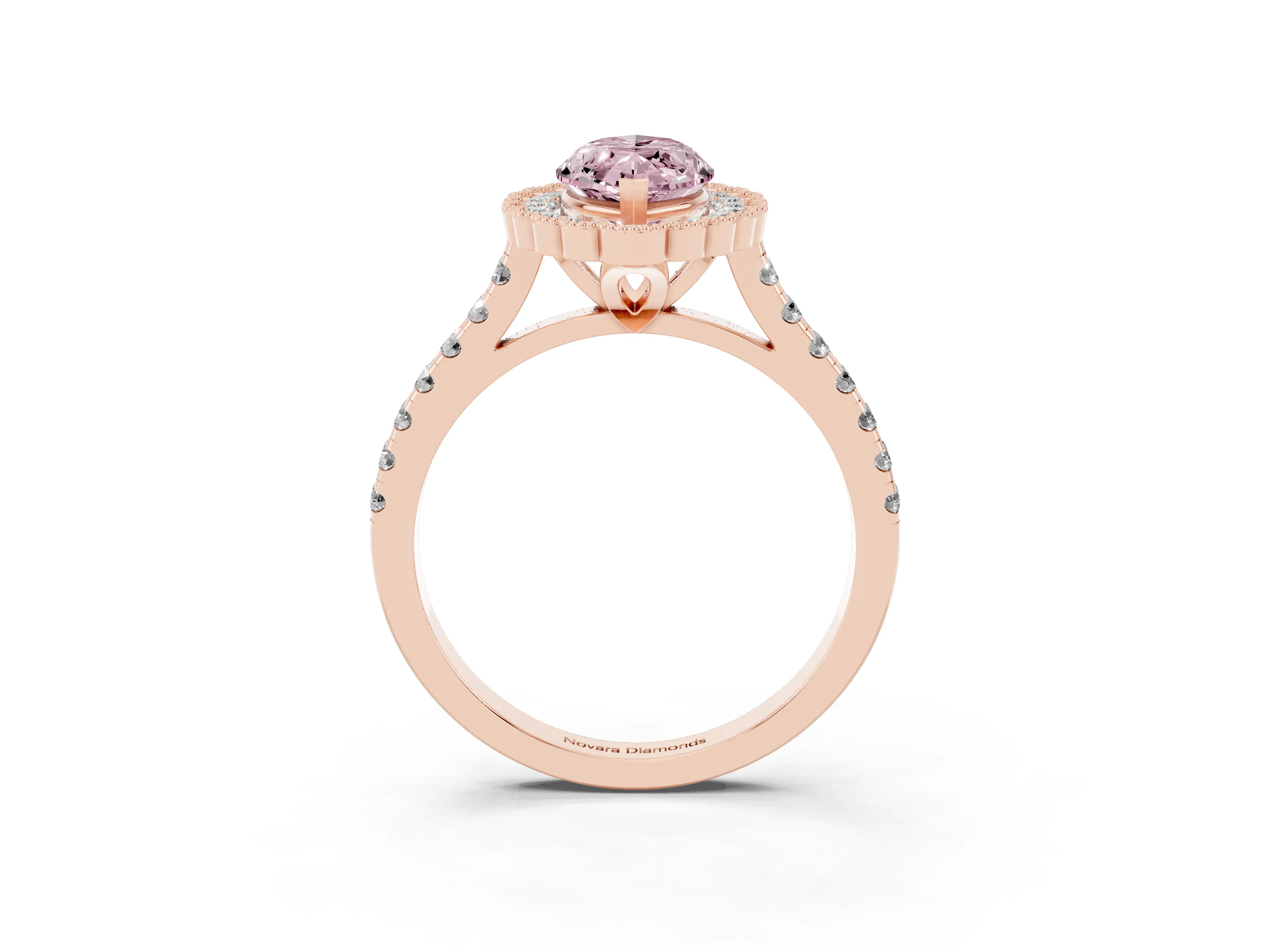 Fancy Pink Marquise Cut Diamond Milgrain Floral Halo Engagement Ring Set in Rose gold with Pavé Band