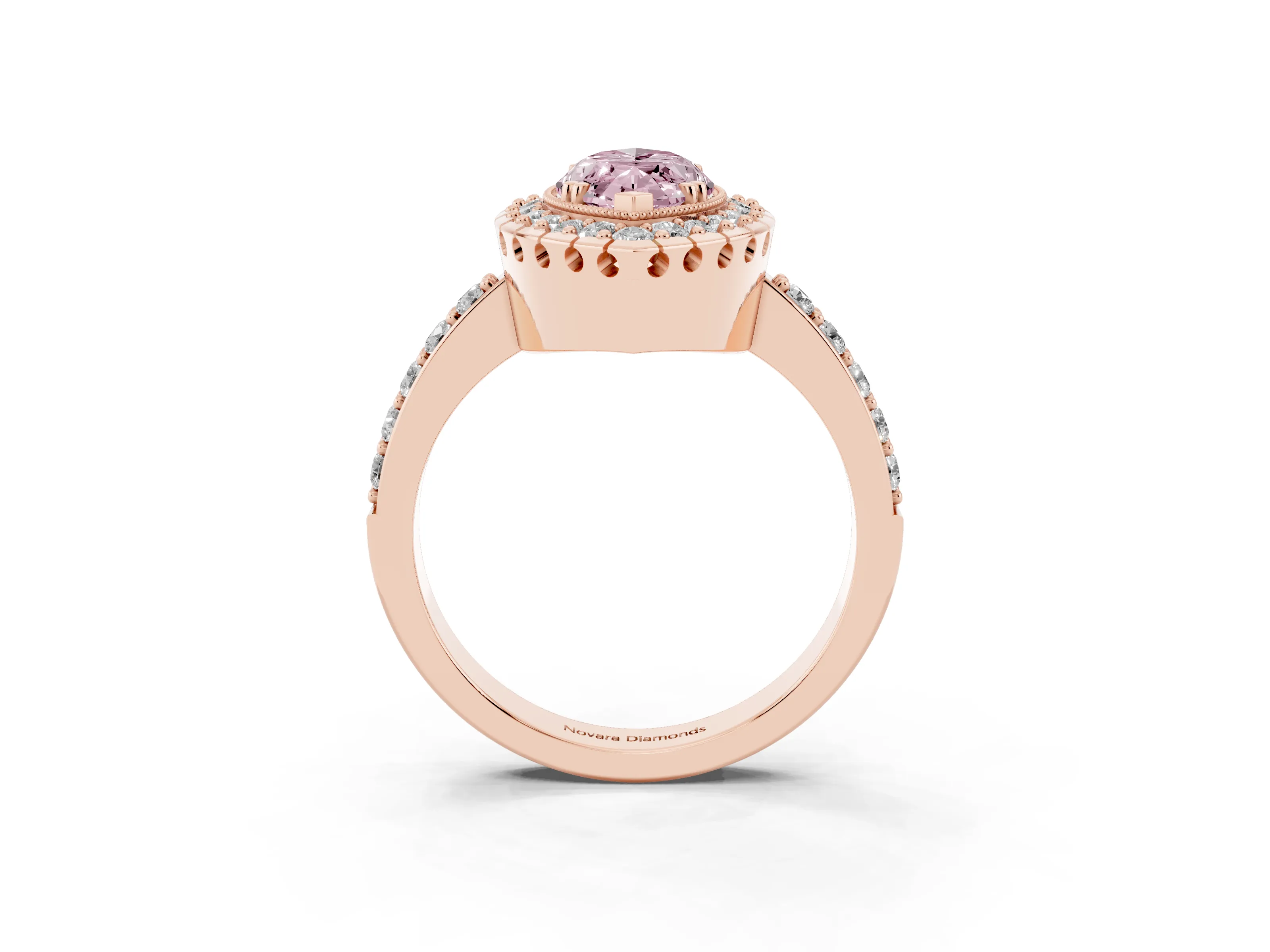 Fancy Pink Marquise Cut Diamond Halo Ring Set in Rose gold with Pavé Shank and Prong Setting