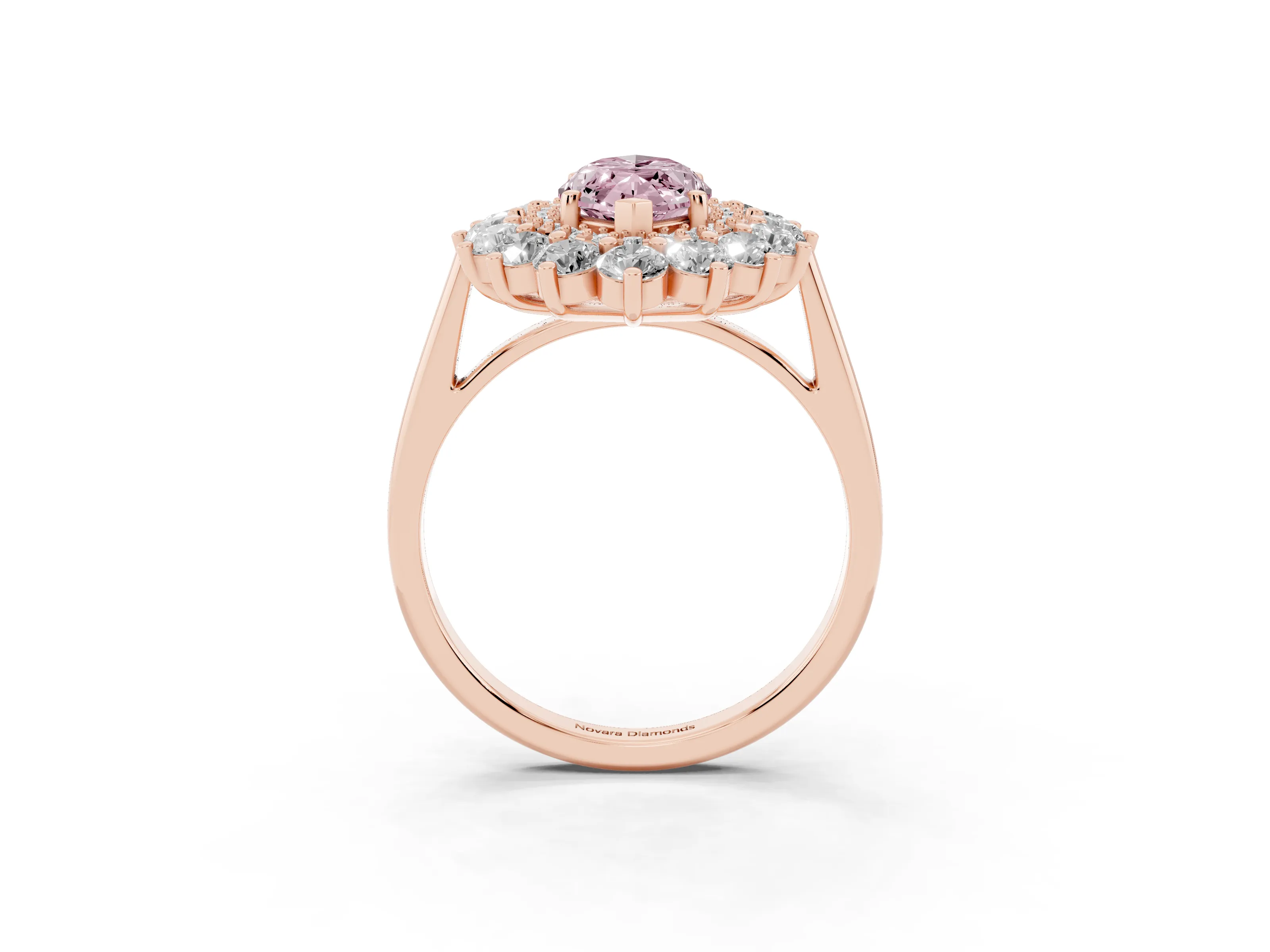 Fancy Pink Marquise Cut Diamond Floral Double Halo Ring Set in Rose gold with Round Petals
