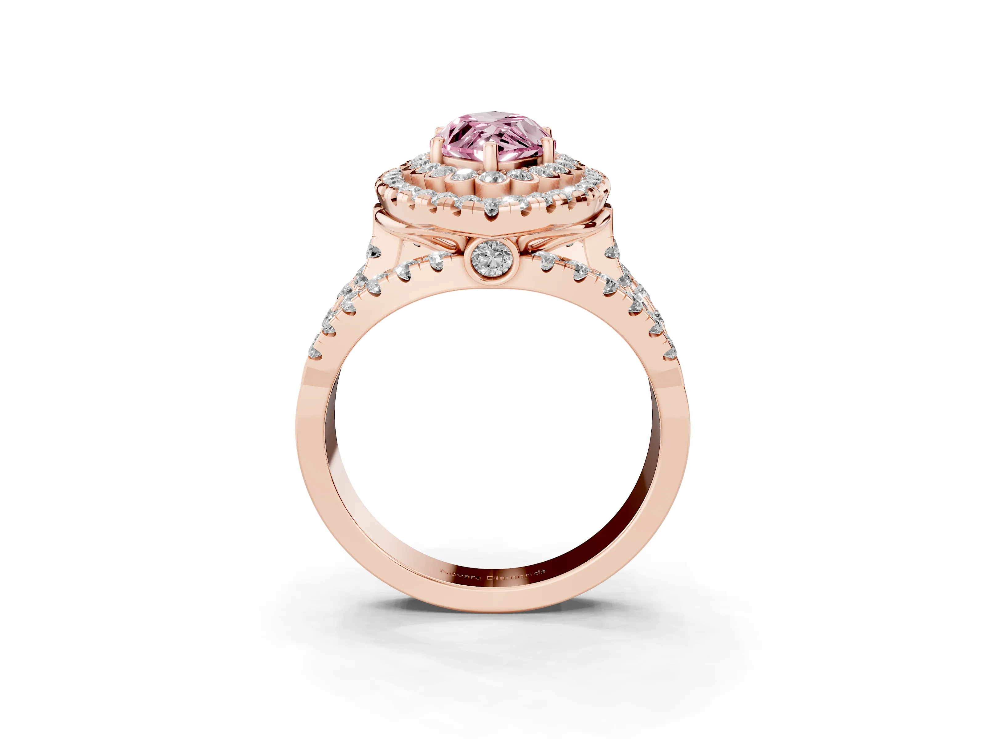 Fancy Pink Marquise Cut Diamond Double Halo Ring Set in Rose gold with Round Pavé Split Shank