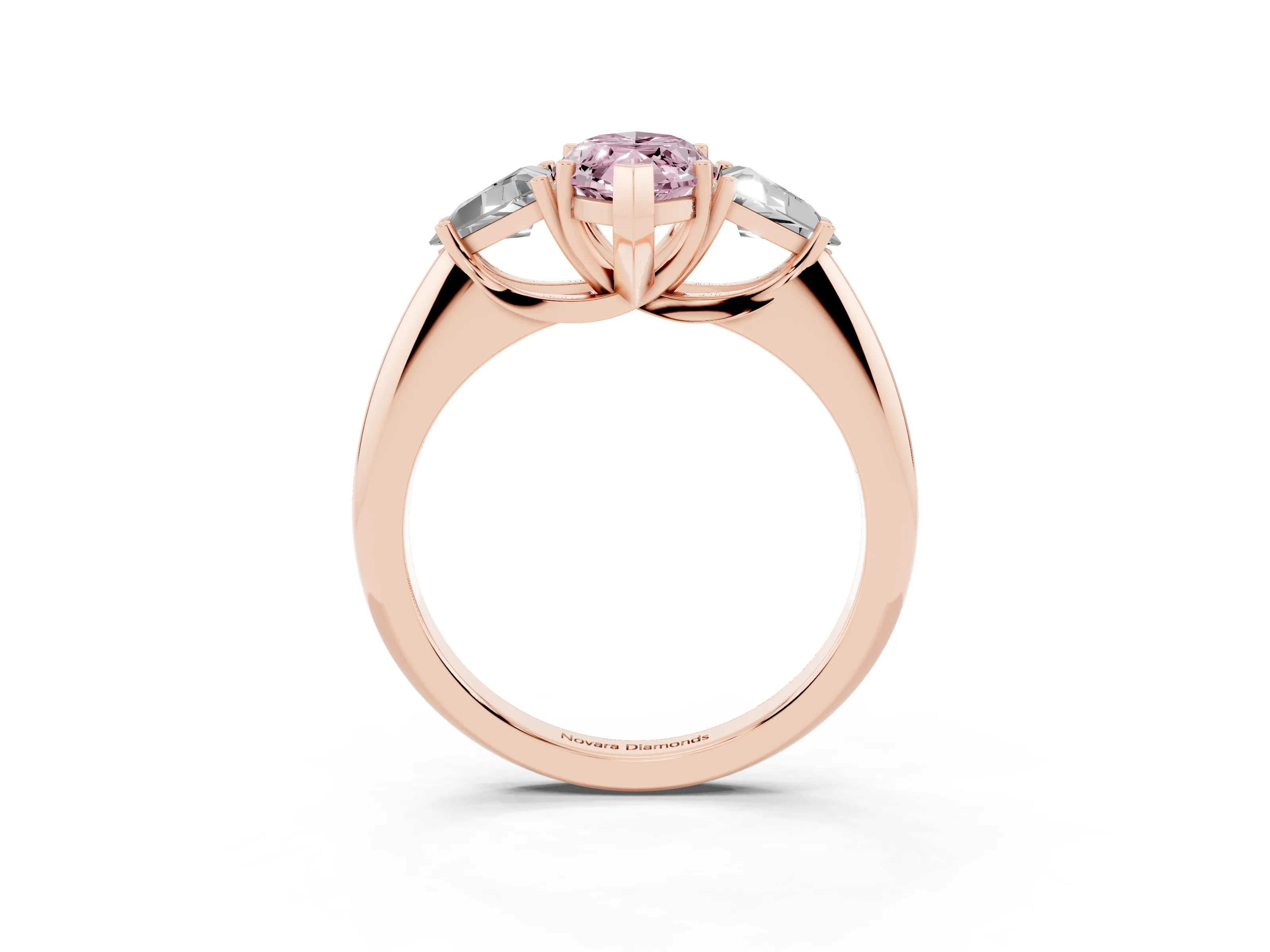 Fancy Pink Marquise Cut Diamond Three-Stone Engagement Ring Set in Rose gold with Trillion Side Stones