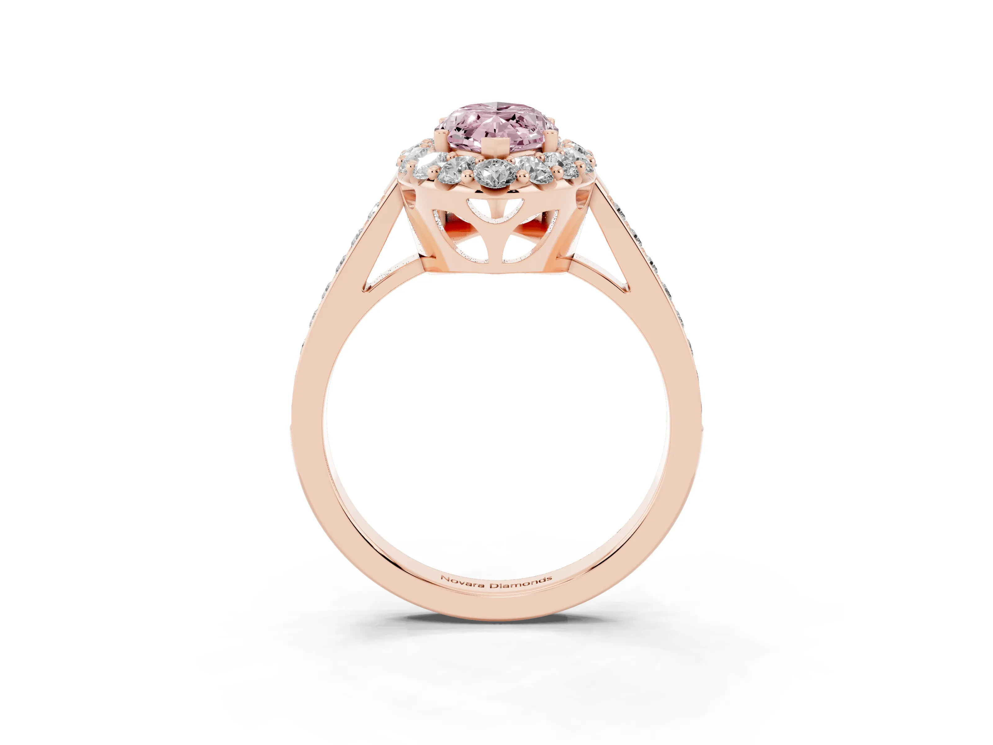 Fancy Pink Marquise Cut Diamond Floral Halo Ring Set in Rose gold with Pavé Band and Prong Setting