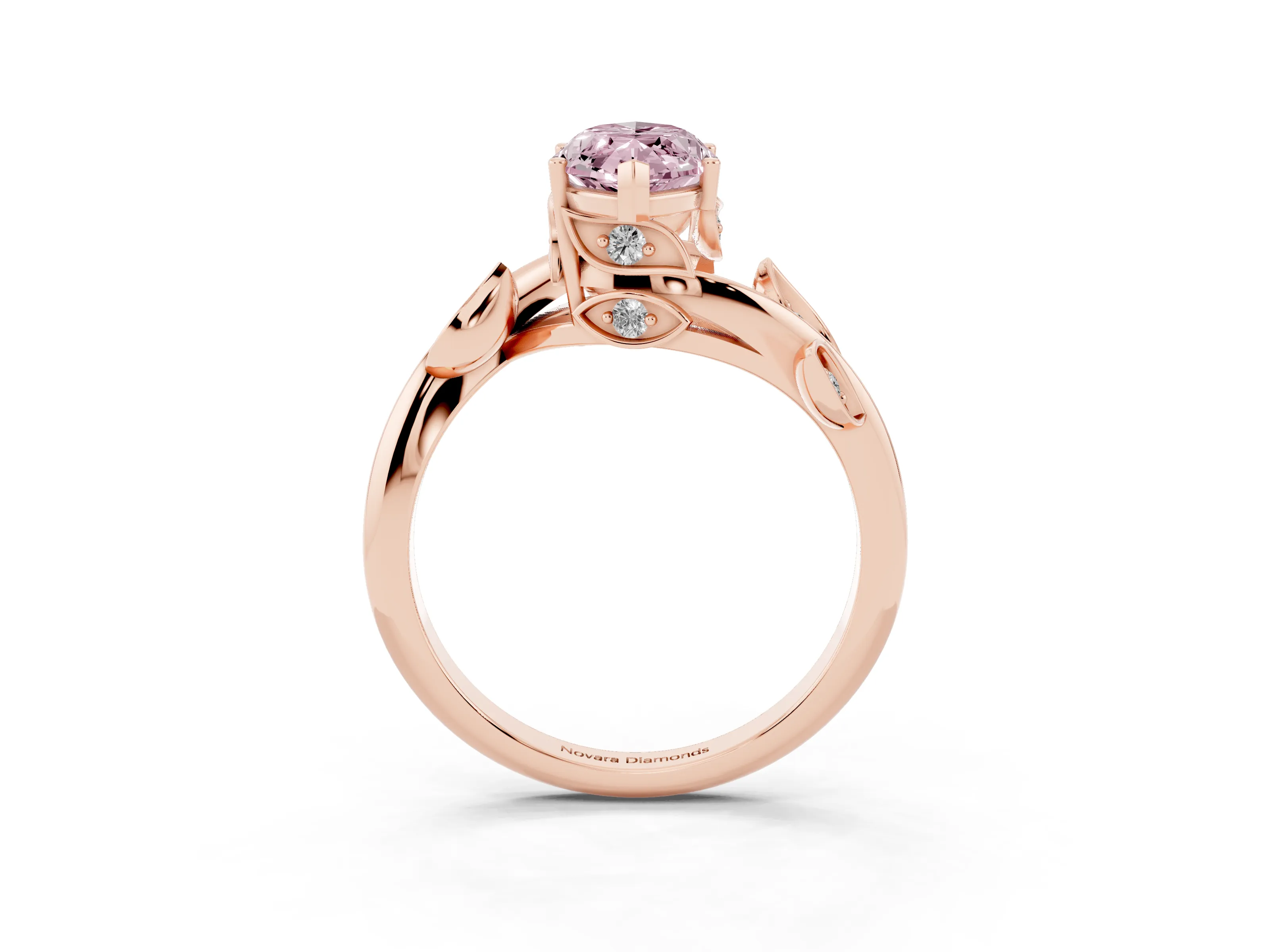 Fancy Pink Marquise Cut Diamond Solitaire Twist Engagement Ring Set in Rose gold with Pavé Leaf Accents