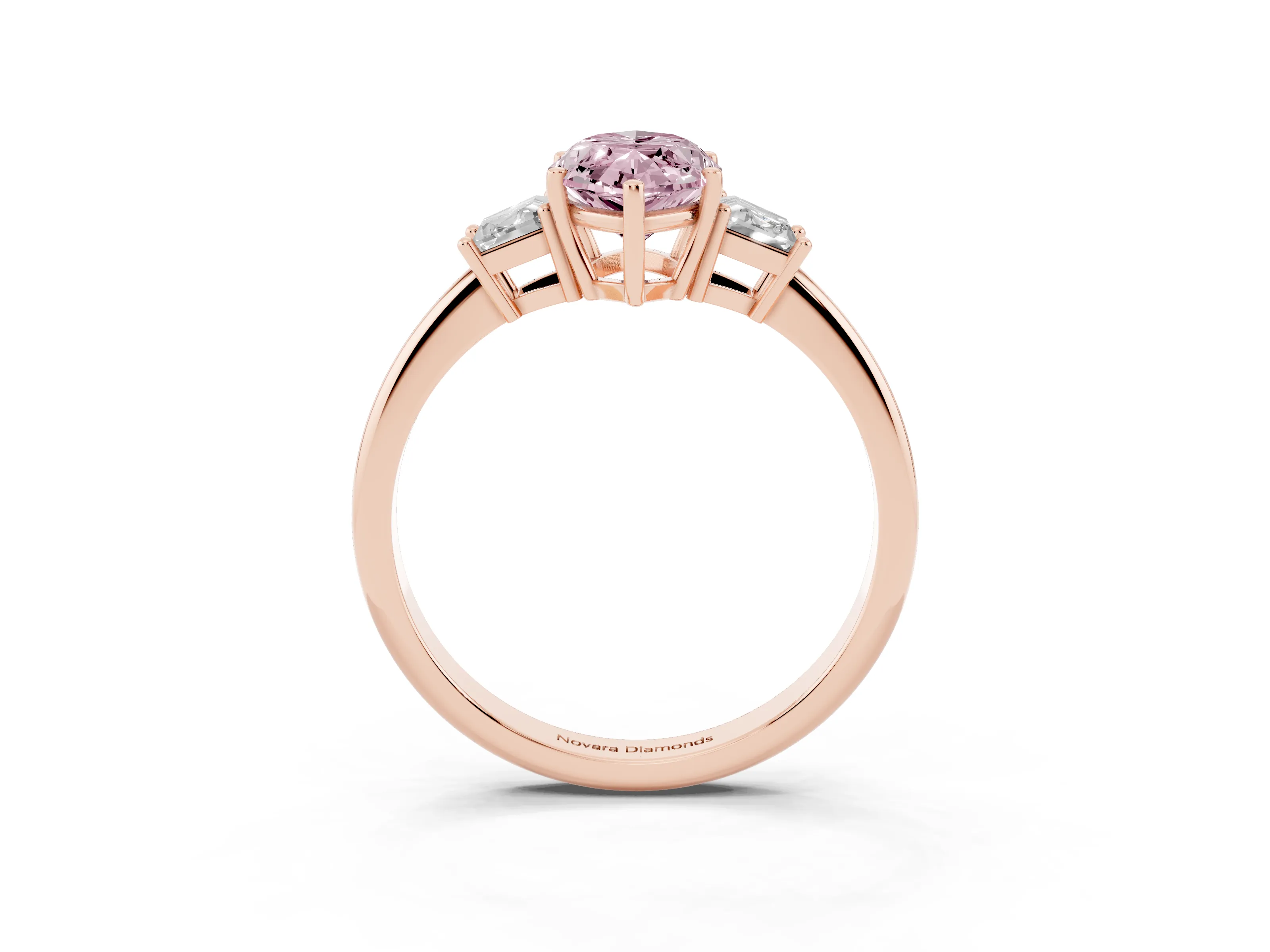 Fancy Pink Marquise Cut Diamond Three-Stone Ring Set in Rose gold with Trapezoid Side Stones and Prong Setting