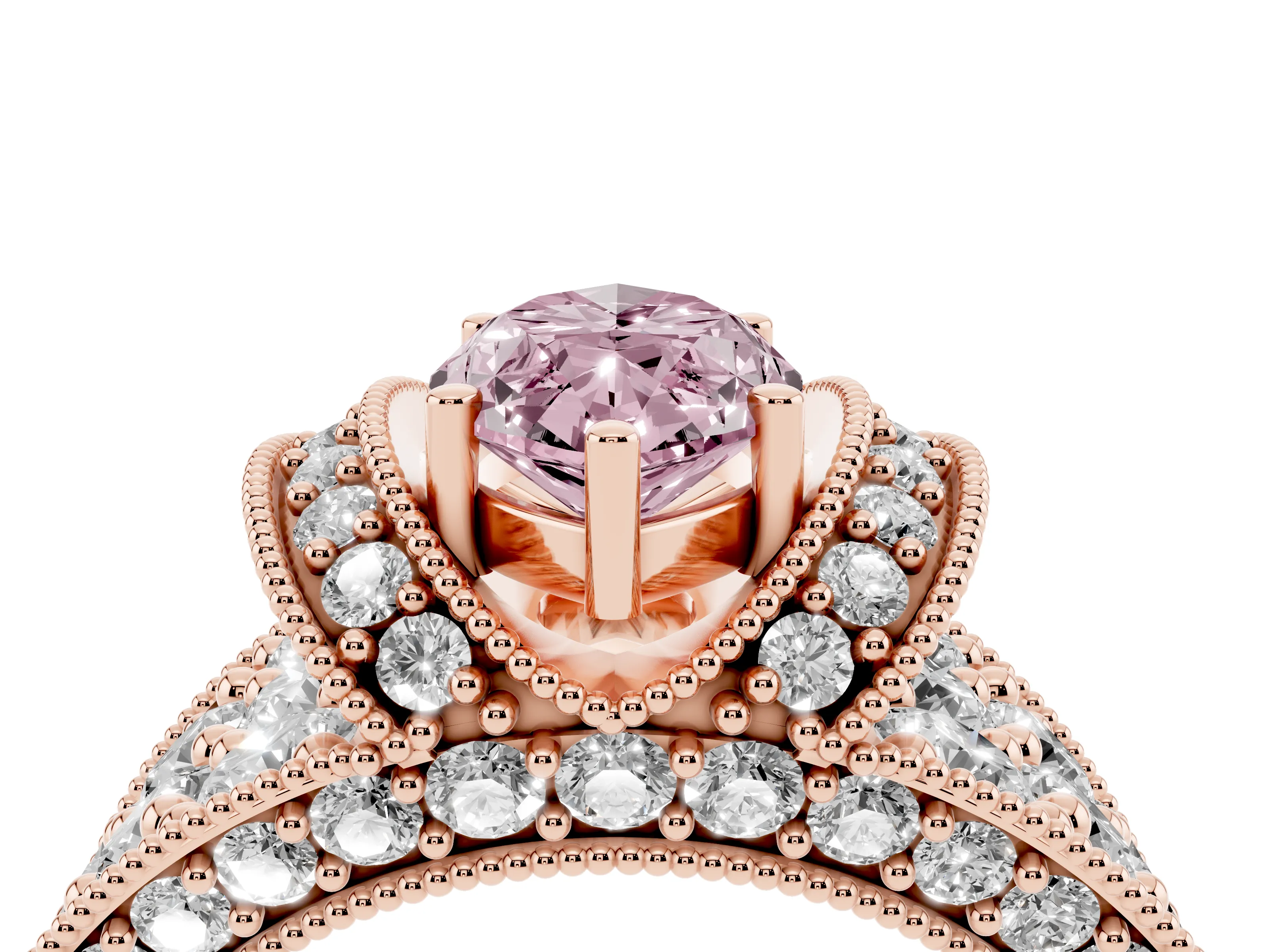 Fancy Pink Marquise Cut Diamond Milgrain Halo Pavé Engagement Ring Set in Rose gold with Prong Setting