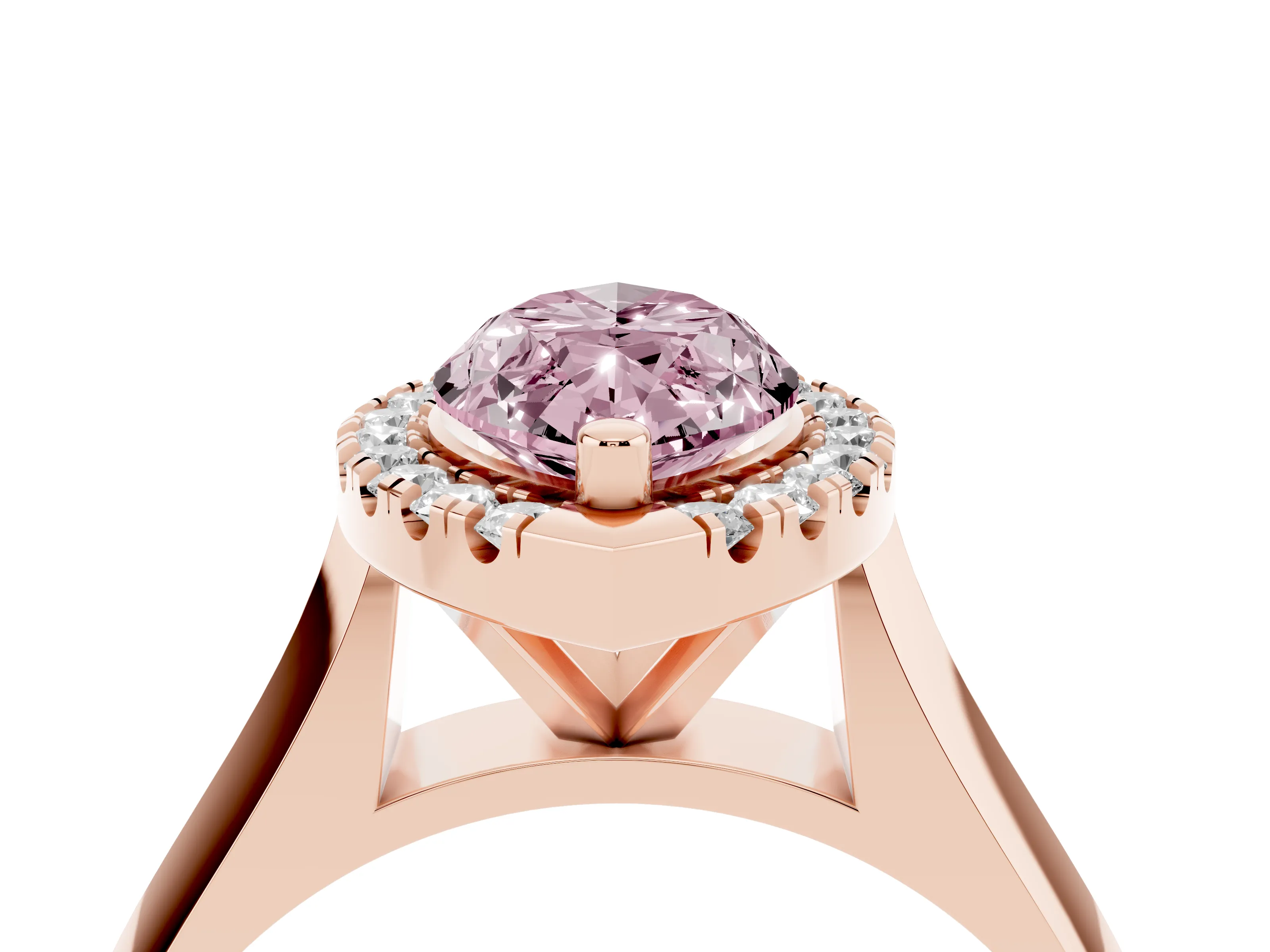 Fancy Pink Marquise Cut Diamond Halo Solitaire Engagement Ring Set in Rose gold with Square Band and Prong Setting