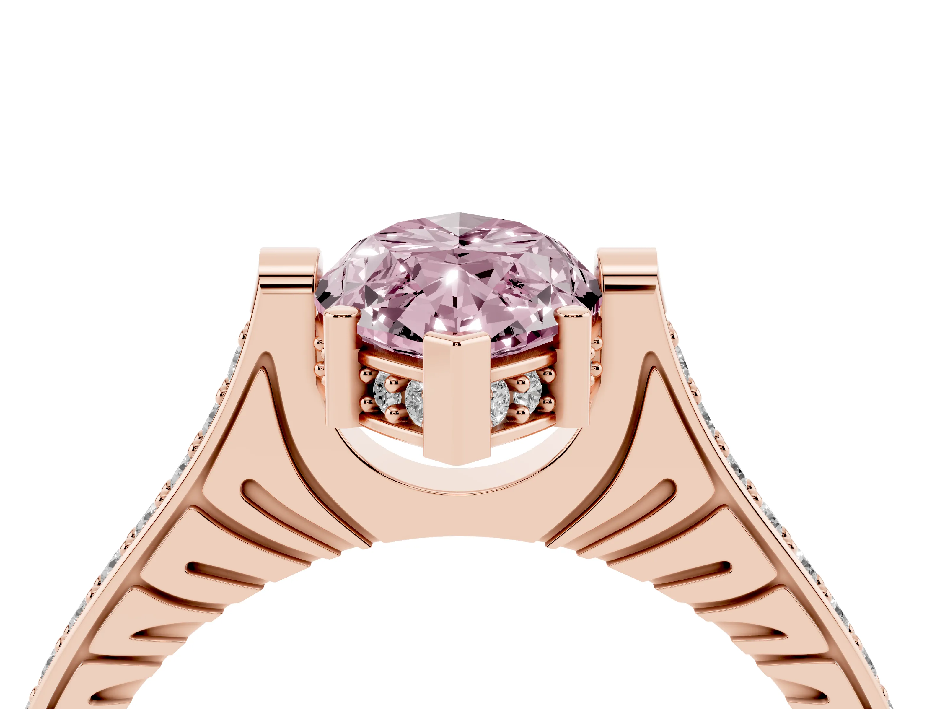 Fancy Pink Marquise Cut Diamond Solitaire Ring Set in Rose gold with Channel Set Band and Bezel Prong Setting