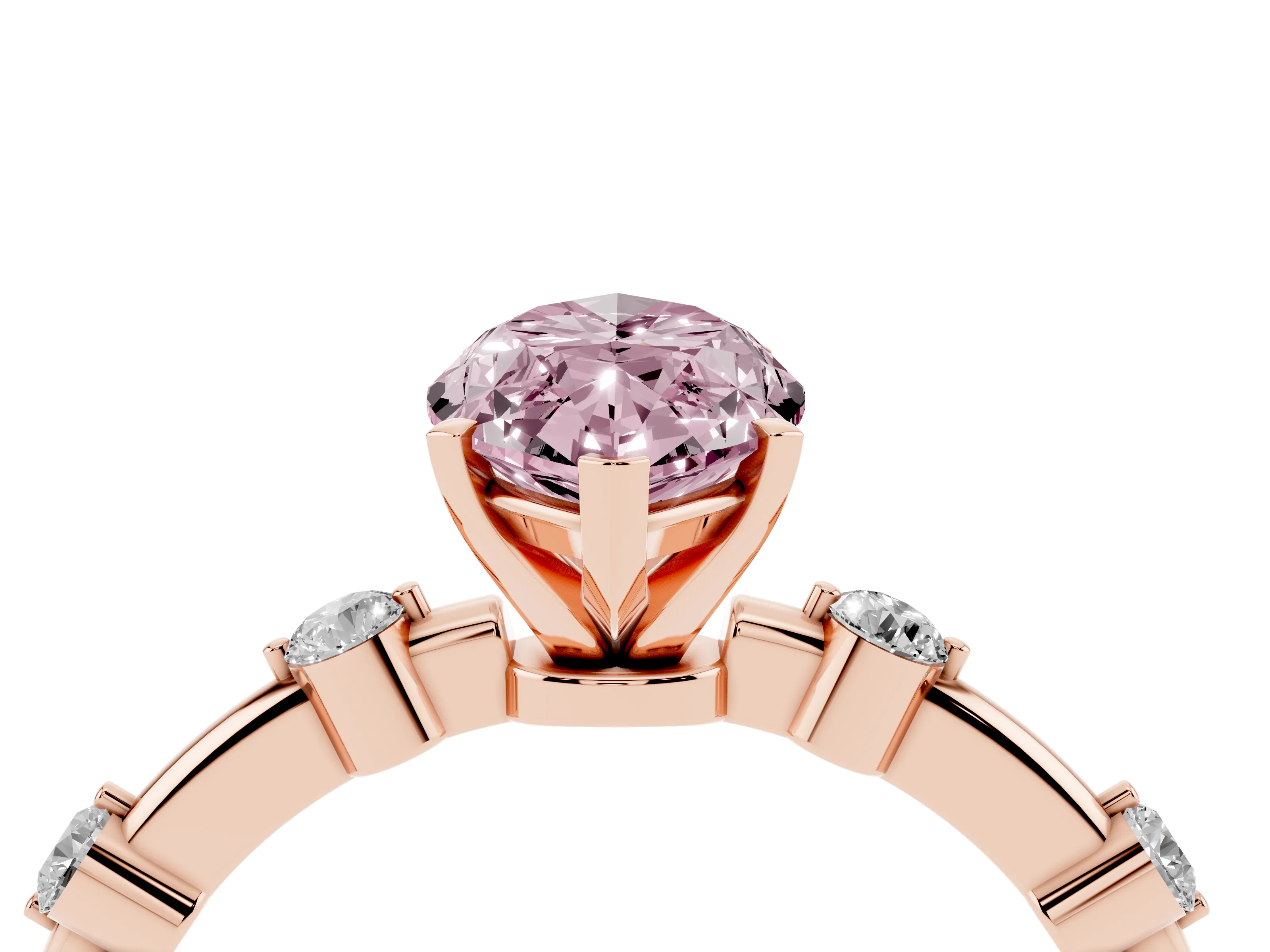 Fancy Pink Marquise Cut Diamond Solitaire Ring Set in Rose gold with Bezel Set Side Stones and Prong Setting