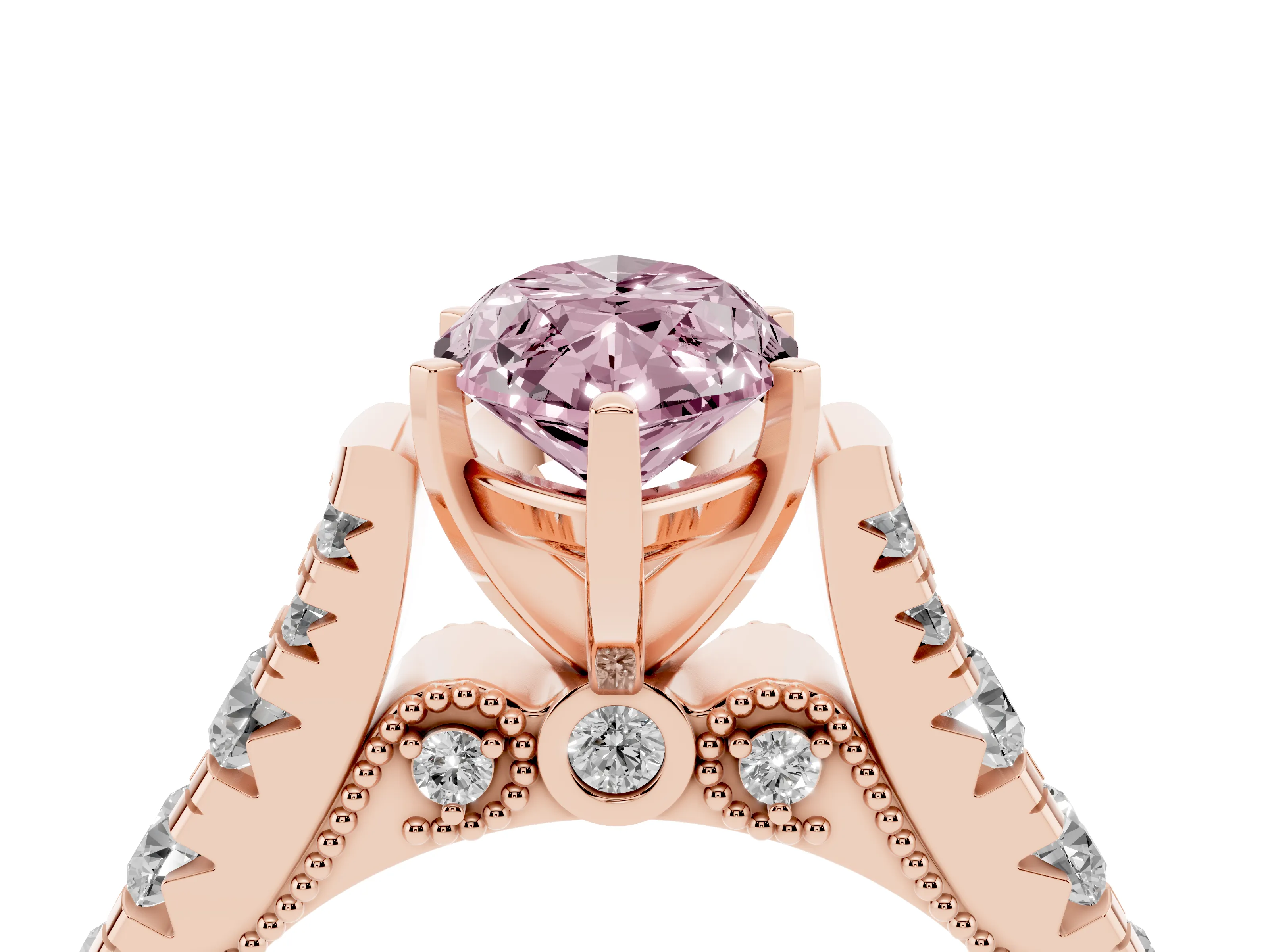 Fancy Pink Marquise Cut Diamond Classic Solitaire Ring Set in Rose gold with Pavé Band and Prong Setting