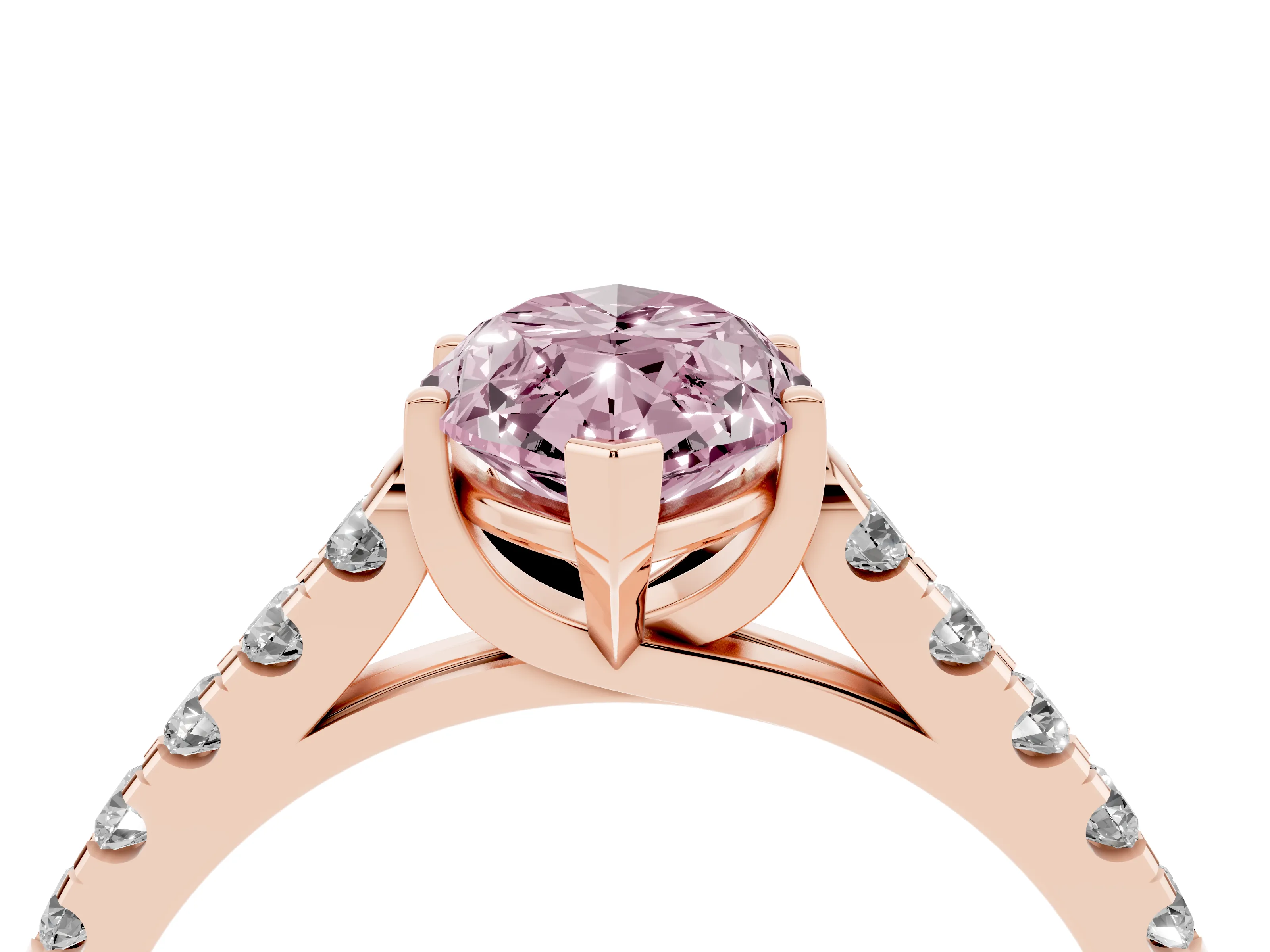 Fancy Pink Marquise Cut Diamond Pavé Band Solitaire Ring Set in Rose gold with Partway Accent Stones and Prong Setting