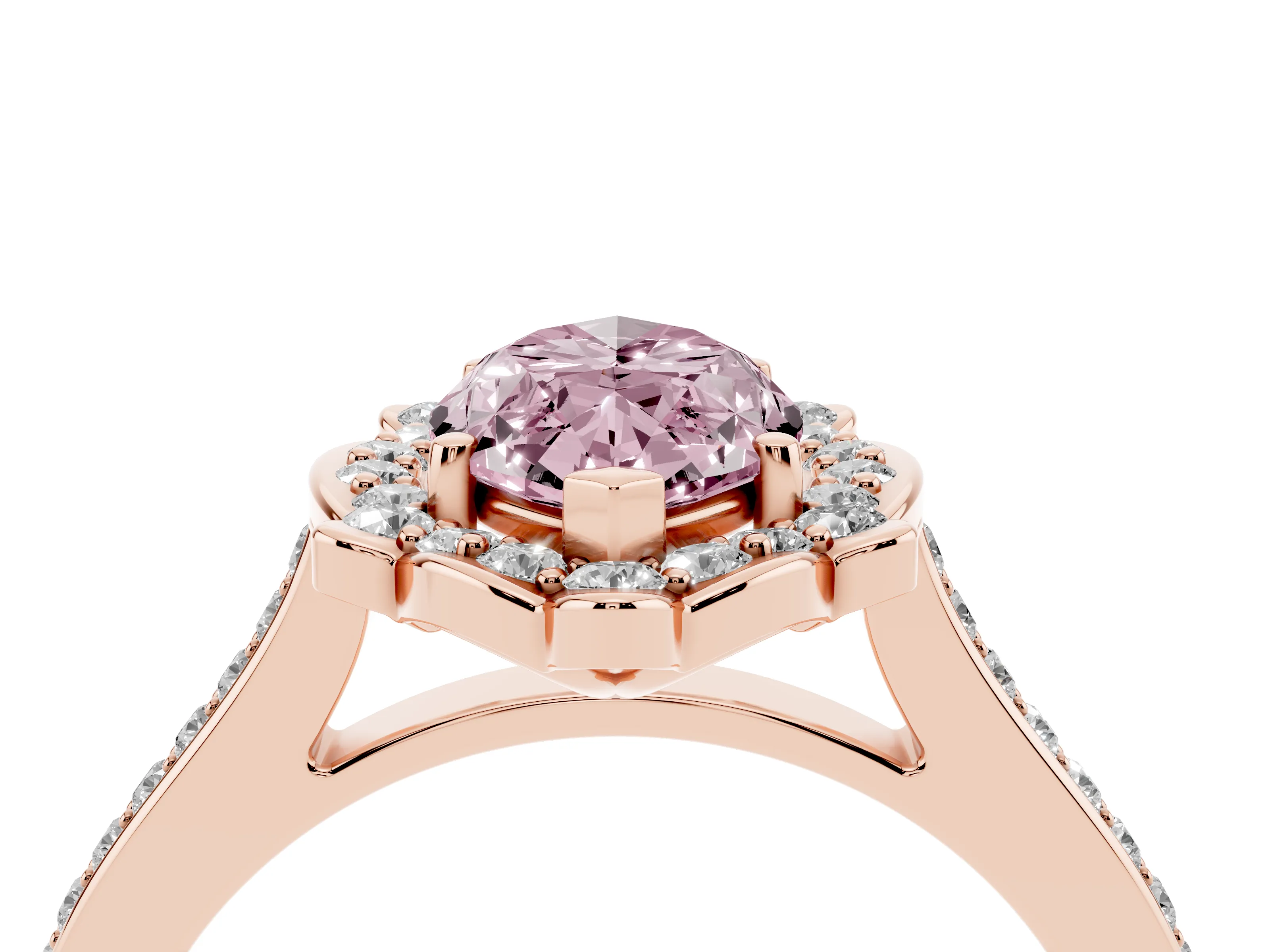 Fancy Pink Marquise Cut Diamond Halo Ring Set in Rose gold with Pavé-Lined Shoulders and Prong Setting