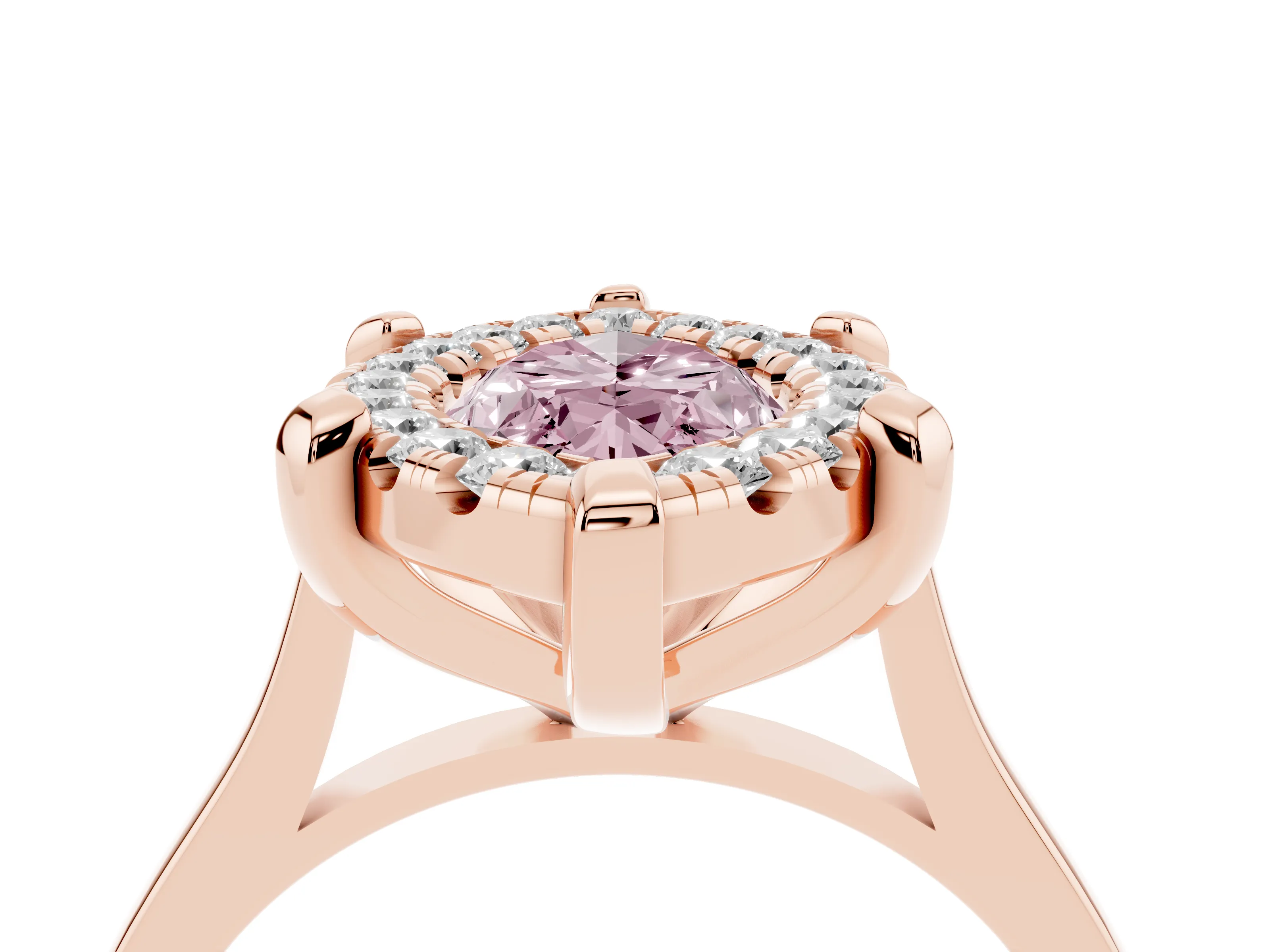 Fancy Pink Marquise Cut Diamond Cluster Halo Solitaire Ring Set in Rose gold with Prong Setting