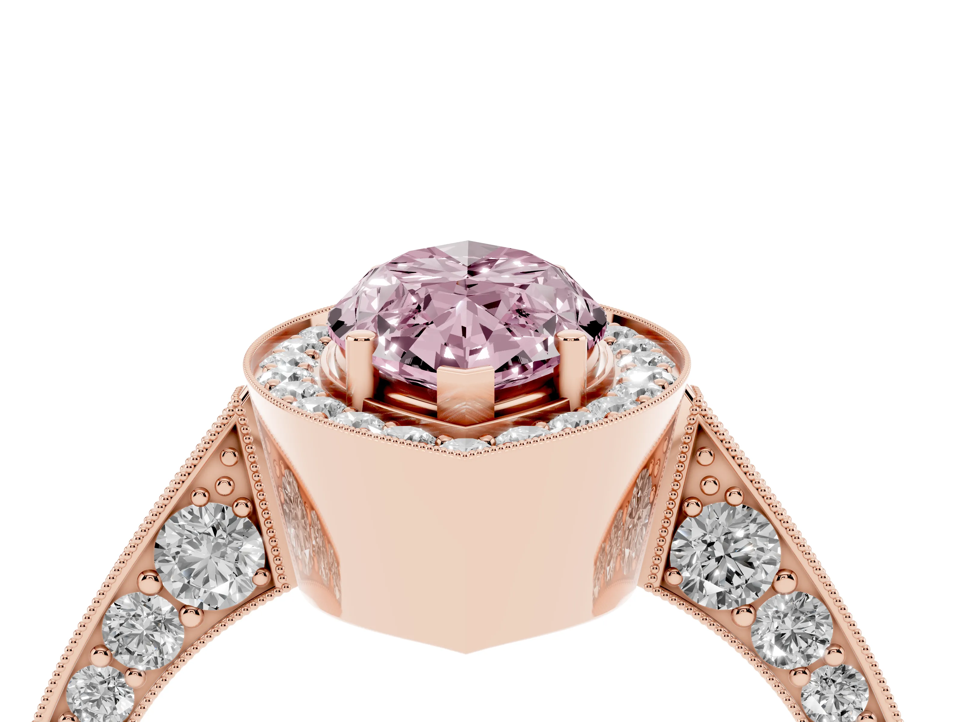 Fancy Pink Marquise Cut Diamond Halo Engagement Ring Set in Rose gold with Accent Split Shank Band
