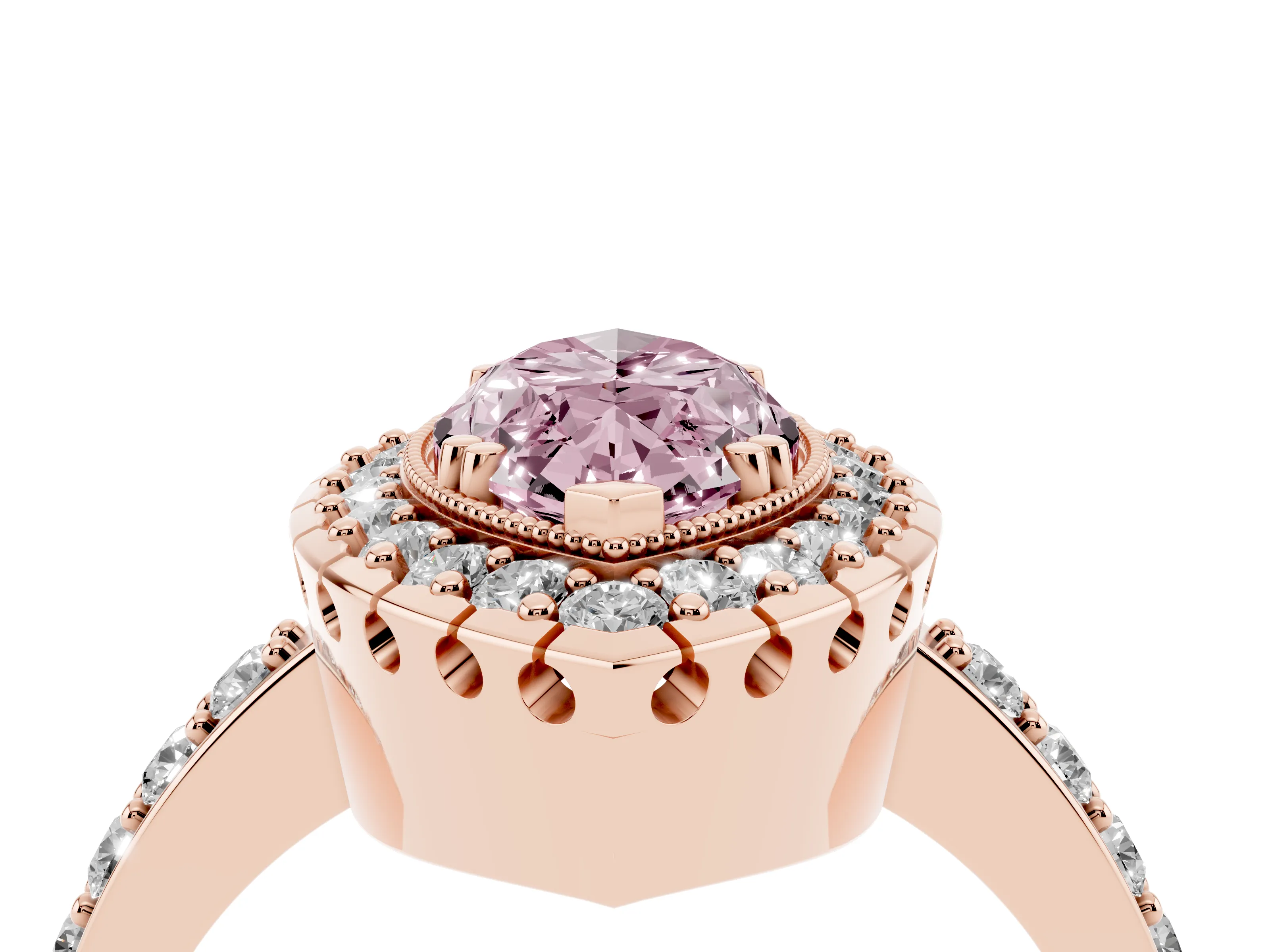 Fancy Pink Marquise Cut Diamond Halo Ring Set in Rose gold with Pavé Shank and Prong Setting