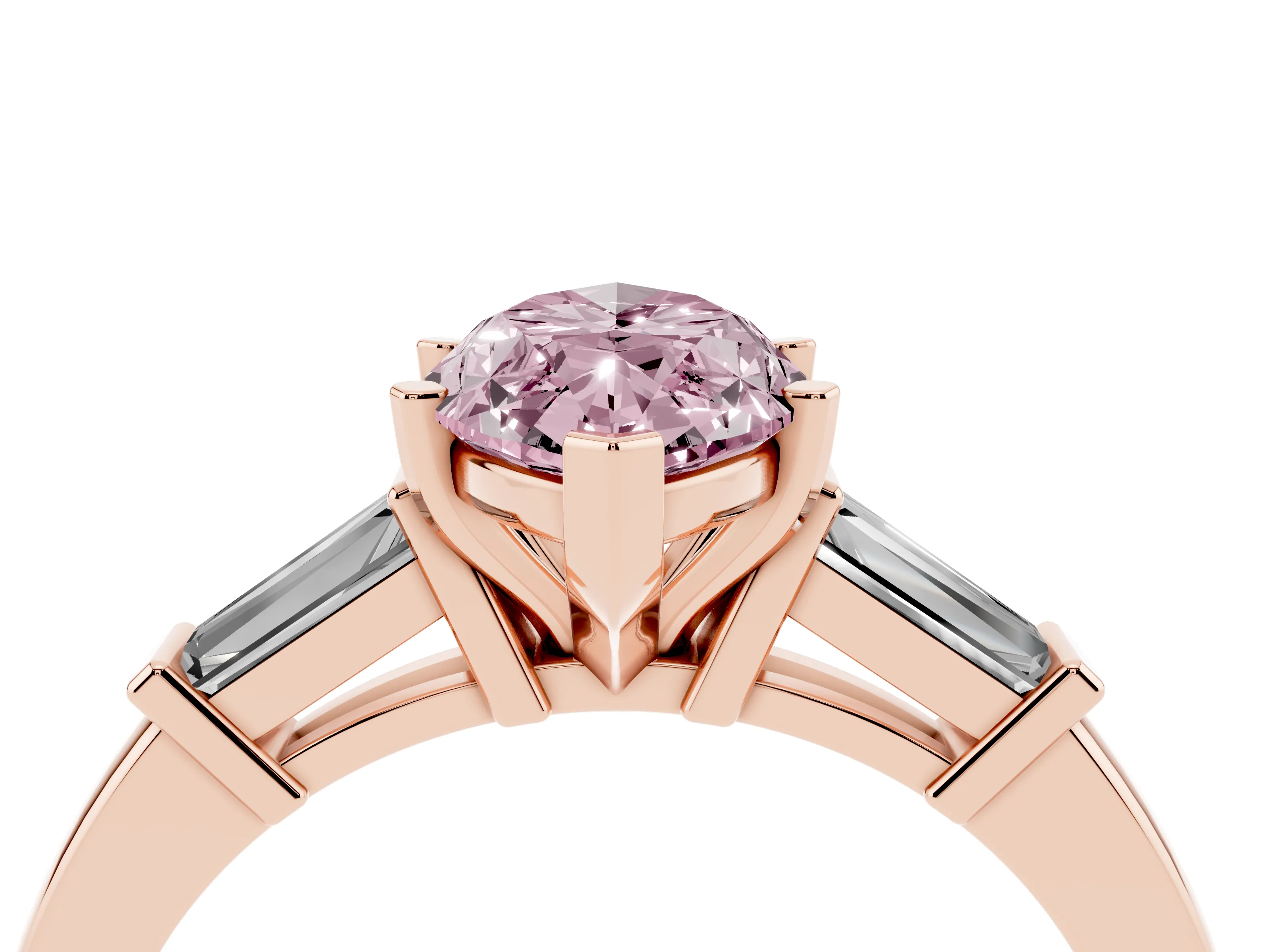 Fancy Pink Marquise Cut Diamond Solitaire Ring Set in Rose gold with Tapered Baguette Accents and Prong Setting
