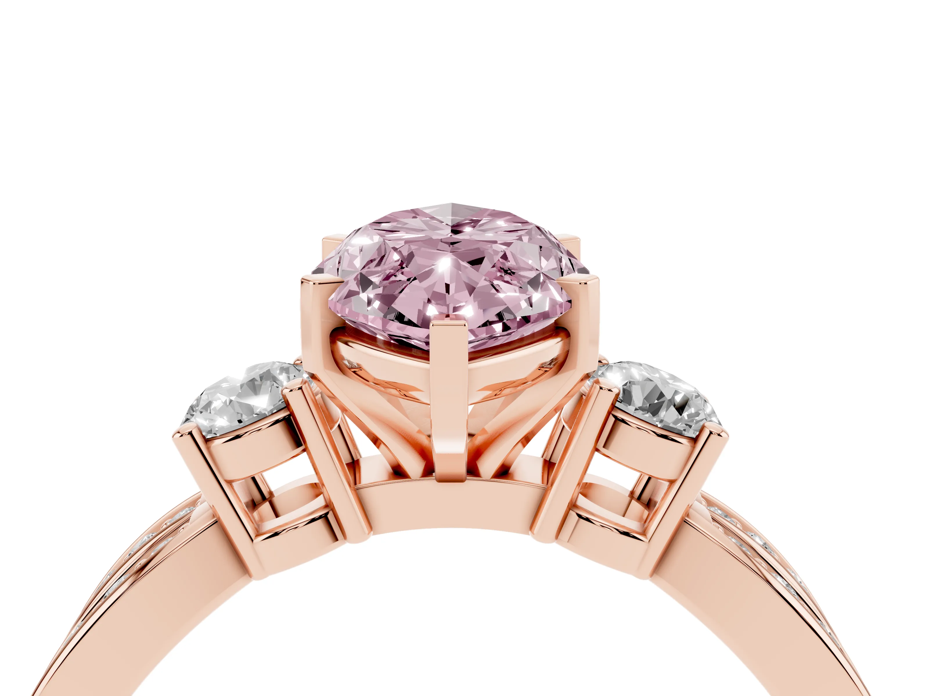 Fancy Pink Three-Stone Marquise Cut Diamond Twist Band Ring Set in Rose gold with Pavé Accents and Prong Setting