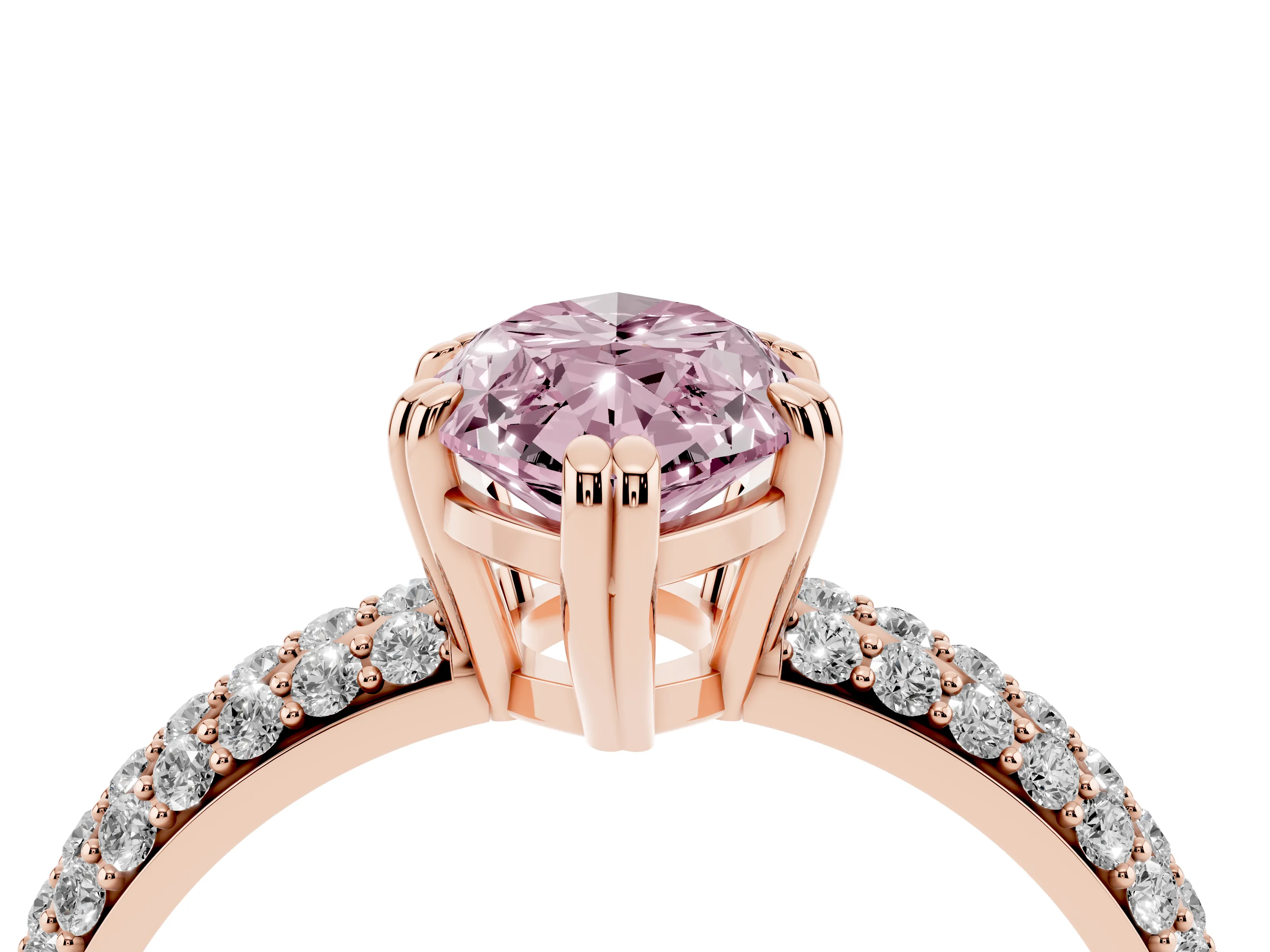 Fancy Pink Marquise Cut Diamond Solitaire Ring Set in Rose gold with Multi-Row Round Pavé Band and Prong Setting
