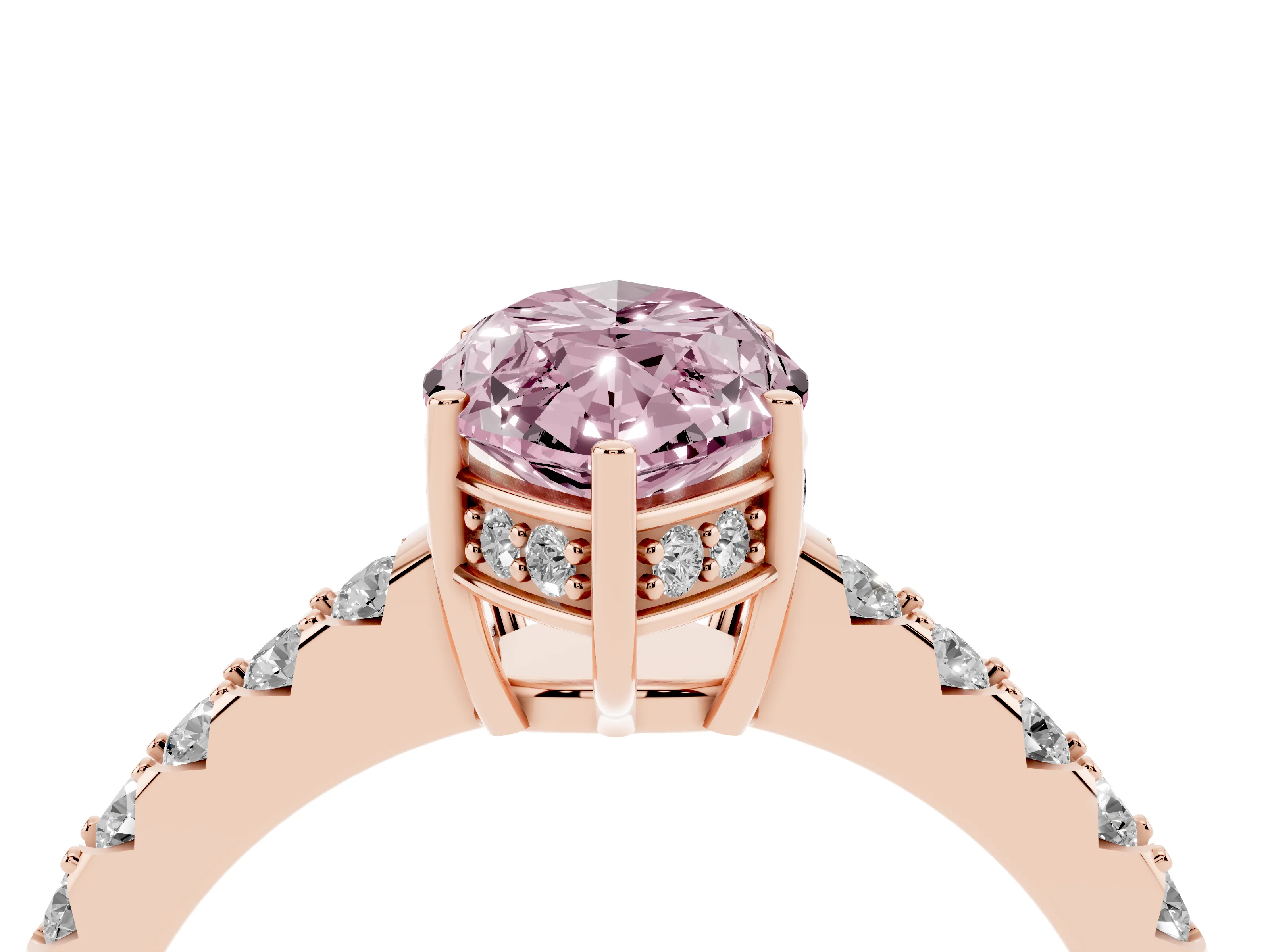 Fancy Pink Marquise Cut Diamond Solitaire Engagement Ring Set in Rose gold with Pavé Band and Prong Setting