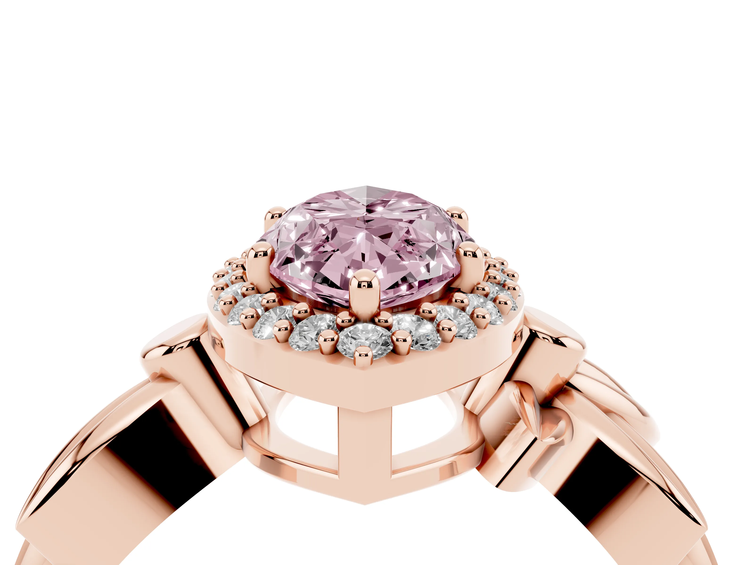 Fancy Pink Marquise Cut Diamond Halo Floral Band Ring Set in Rose gold with Prong Setting