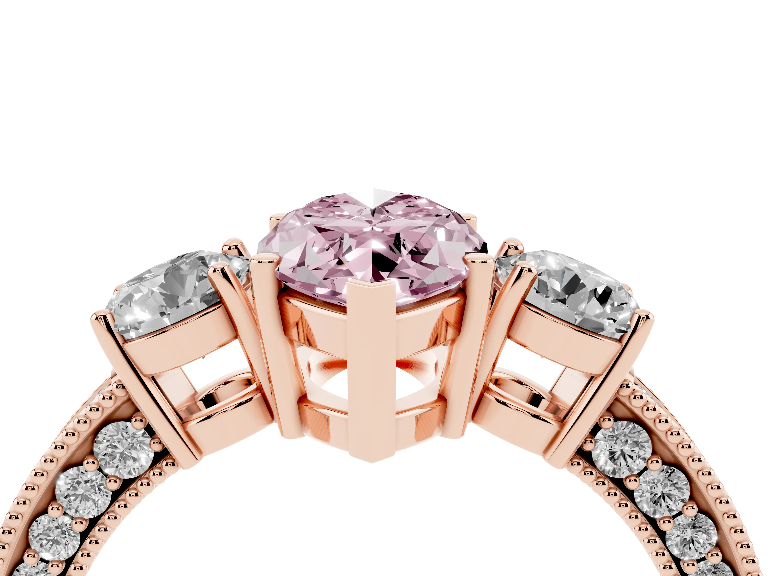 Fancy Pink Marquise Cut Diamond Three-Stone Ring Set in Rose gold with Round Side Stones and Pavé Band
