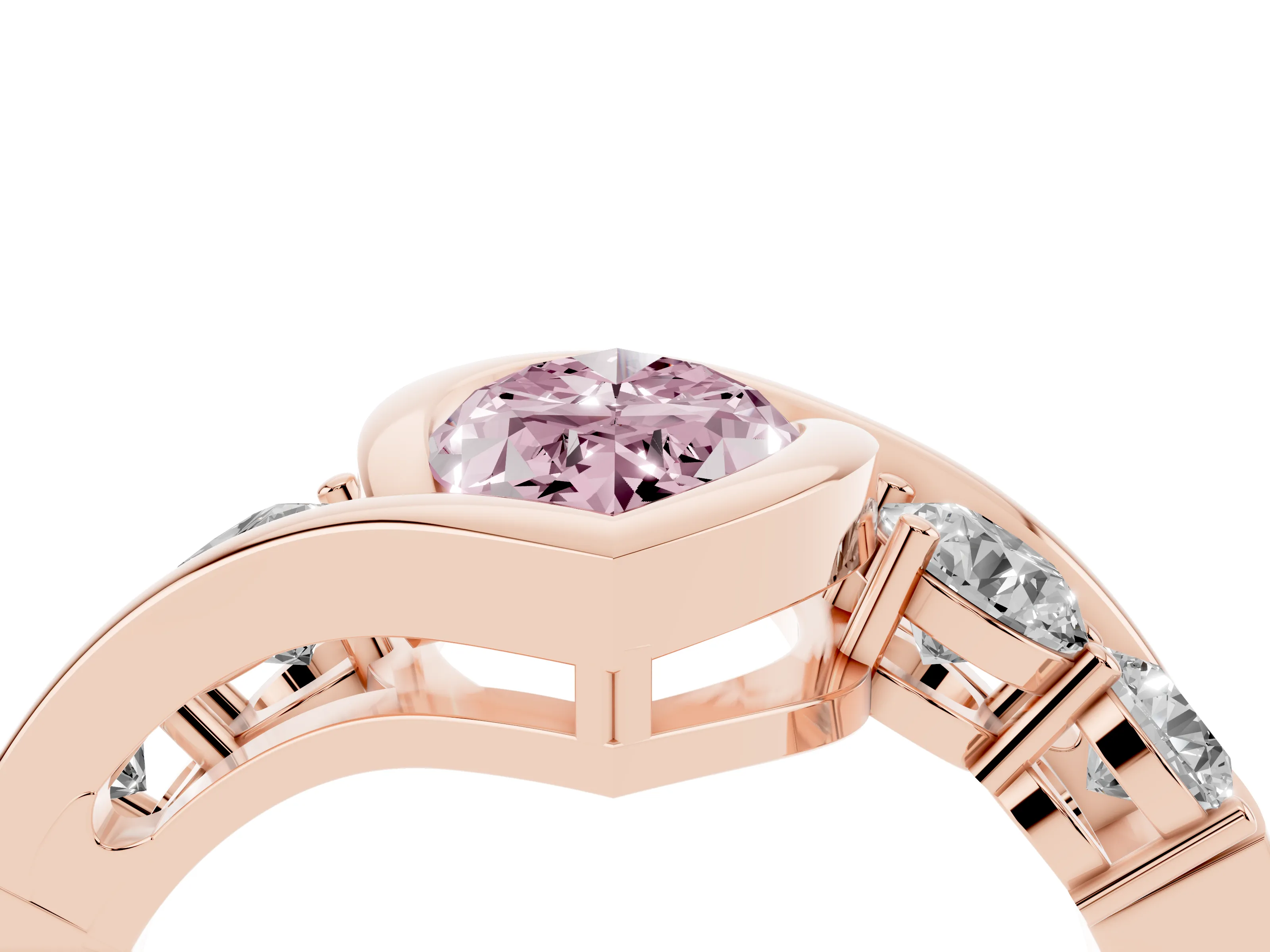 Fancy Pink Marquise Cut Diamond Bezel Bypass Ring Set in Rose gold with Round Accents