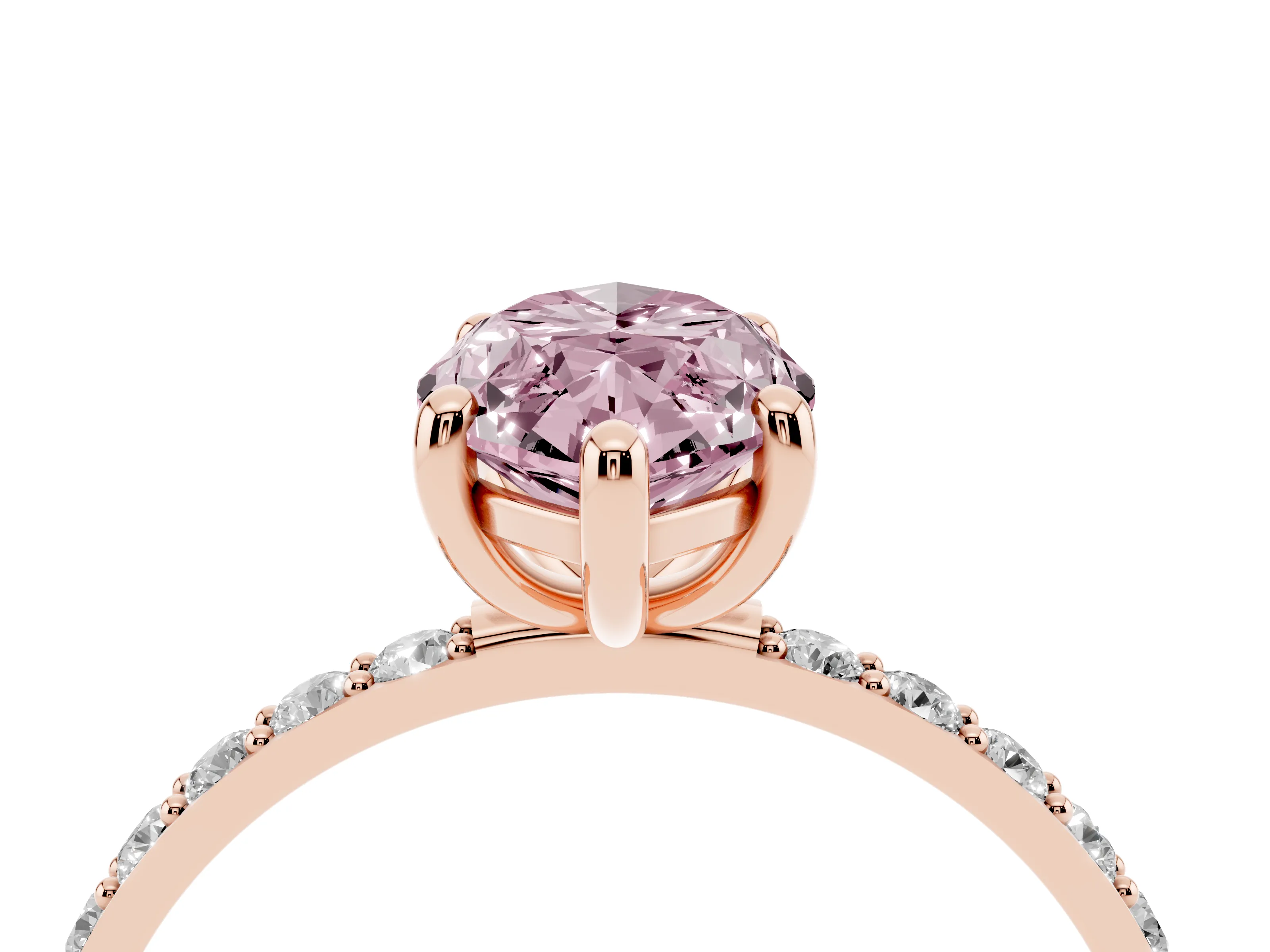 Fancy Pink Marquise Cut Diamond Solitaire Ring Set in Rose gold with Round Pavé Band and Prong Setting