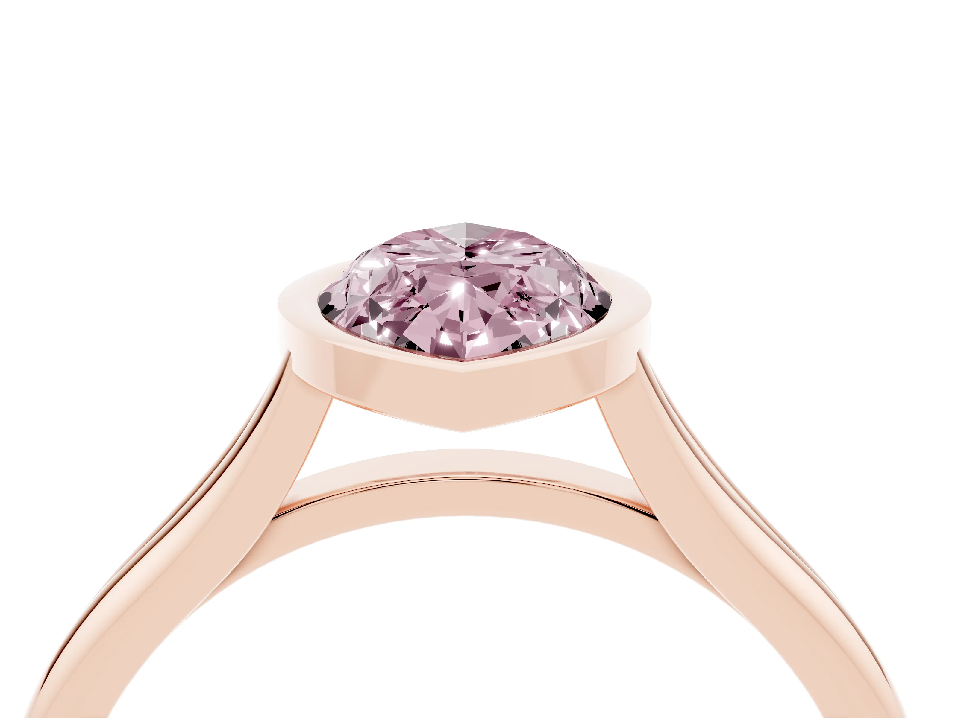 Fancy Pink Bezel Set Marquise Cut Diamond Solitaire Ring Set in Rose gold with Tapered Band