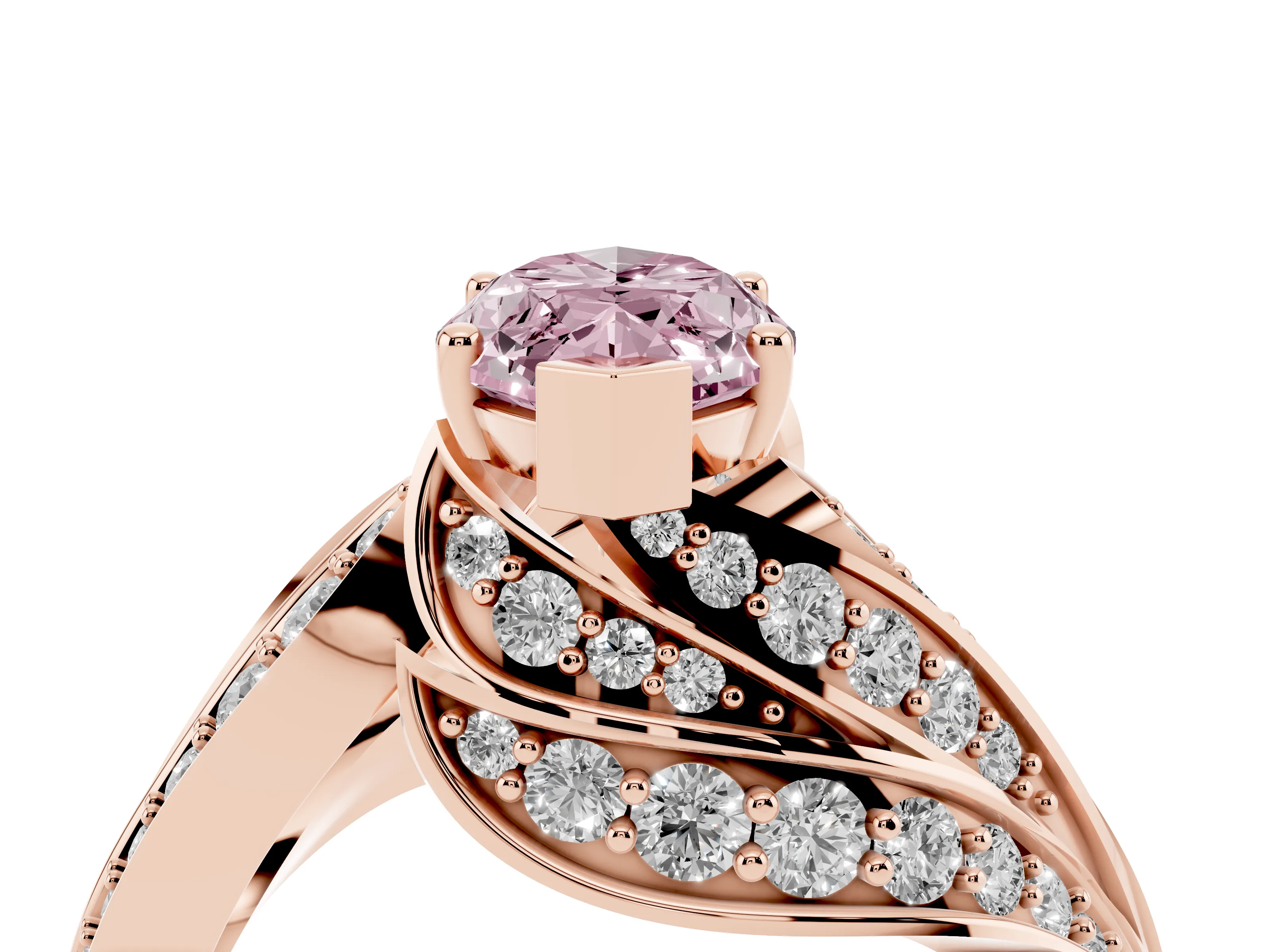 Fancy Pink Marquise Cut Diamond Solitaire Ring Set in Rose gold with Layered Twist Pavé Band