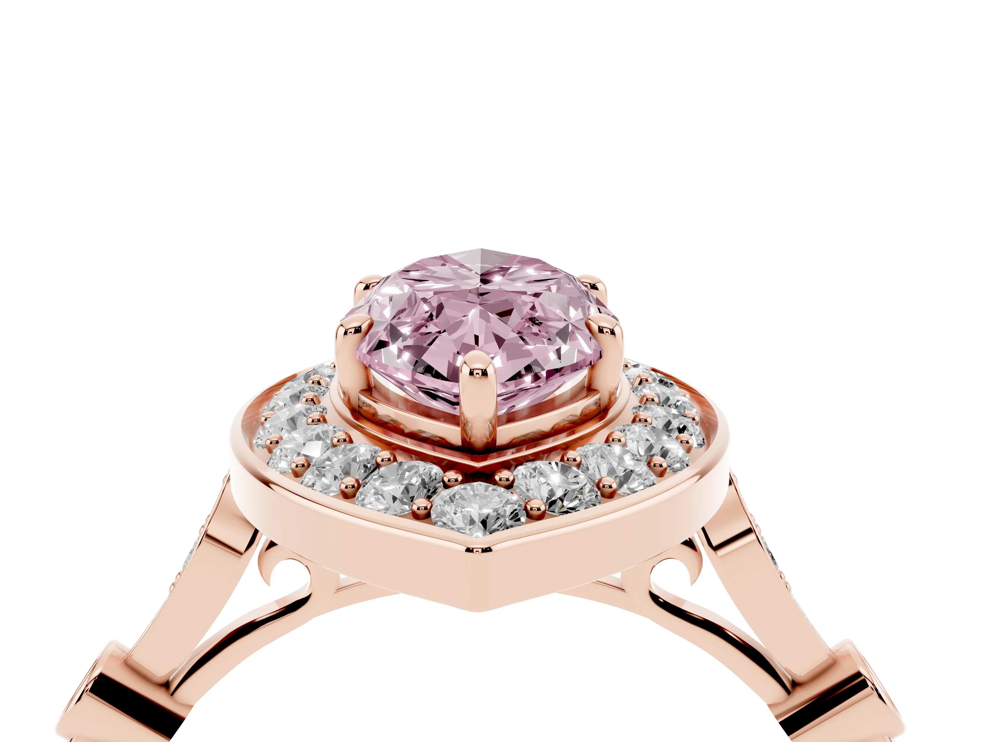 Fancy Pink Marquise Cut Diamond Halo Engagement Ring Set in Rose gold with Twisted Band and Prong Setting