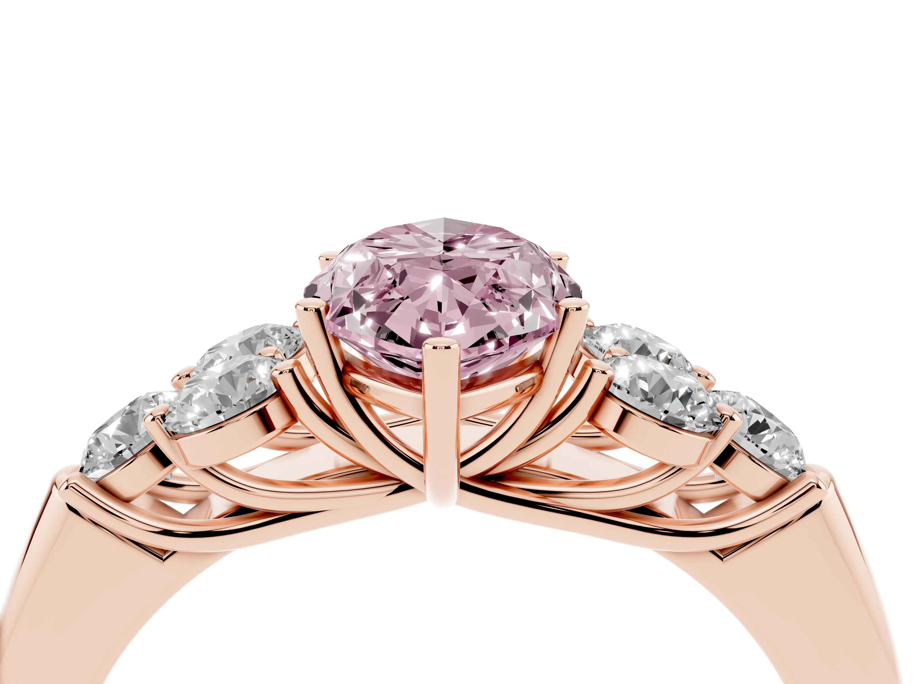 Fancy Pink Marquise Cut Diamond Cluster Ring Set in Rose gold with Round Accent Stones and Prong Setting on a Plain Band