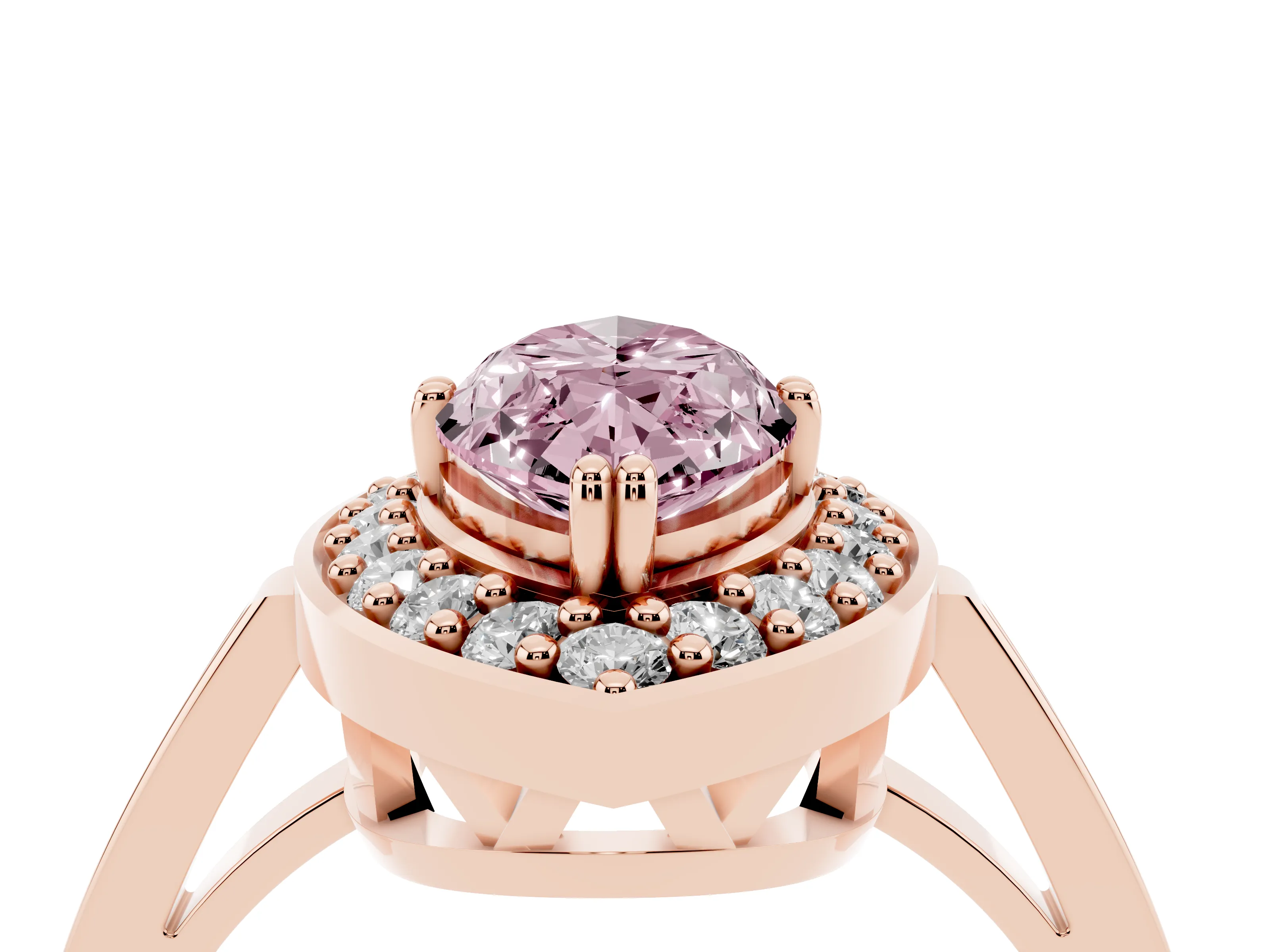 Fancy Pink Marquise Cut Diamond Halo Ring Set in Rose gold with Accent-Lined Split Shank and Prong Setting