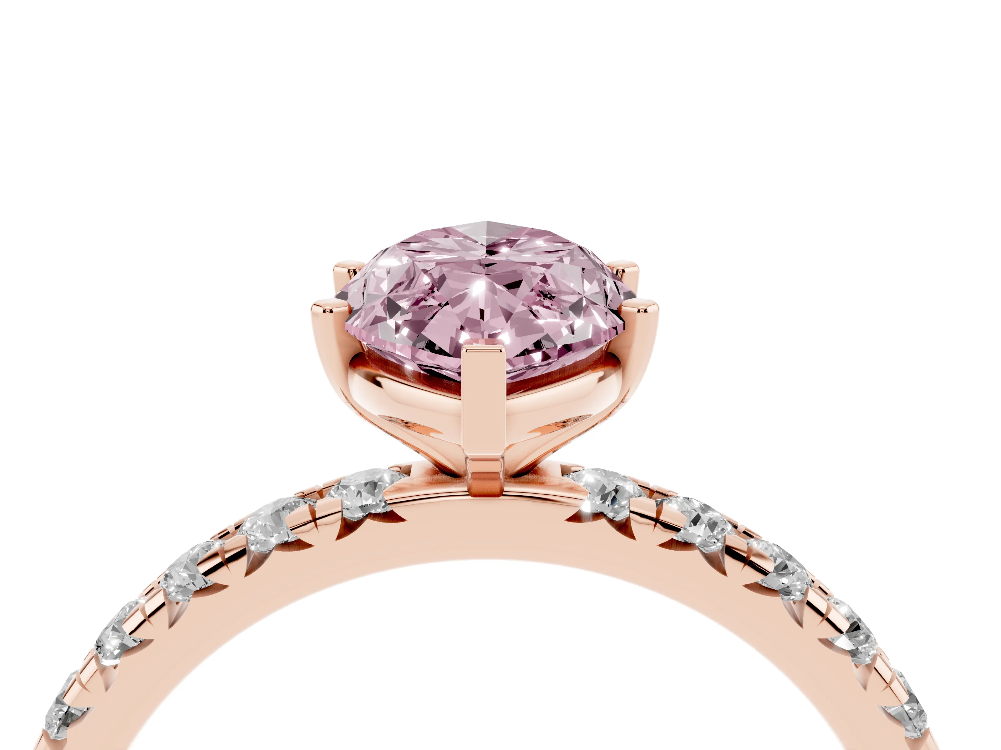 Fancy Pink Marquise Cut Diamond Pavé Solitaire Ring Set in Rose gold with Round Band and Prong Setting