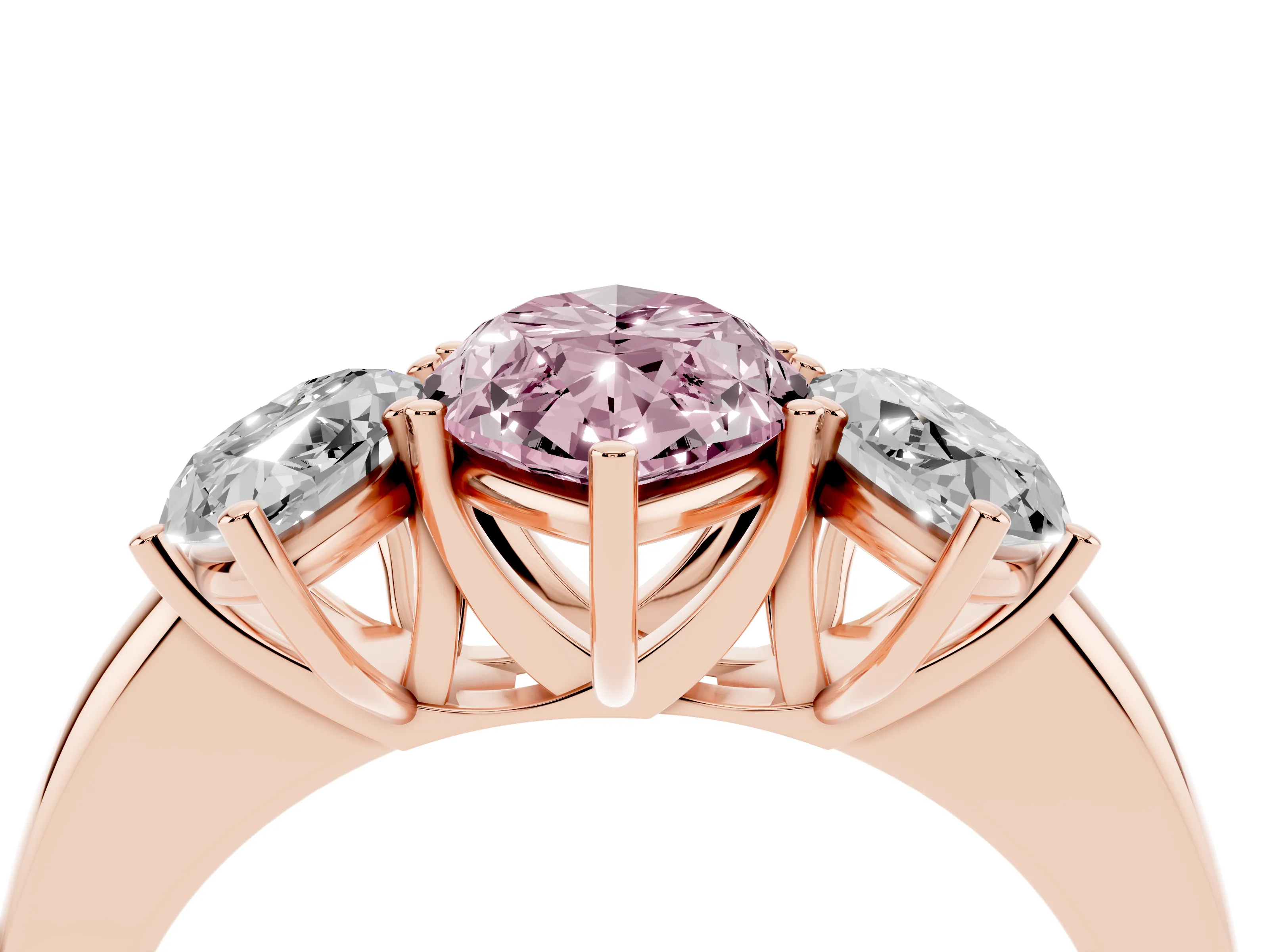 Fancy Pink Marquise Cut Diamond Three-Stone Ring Set in Rose gold with Bold Center and Classic Band