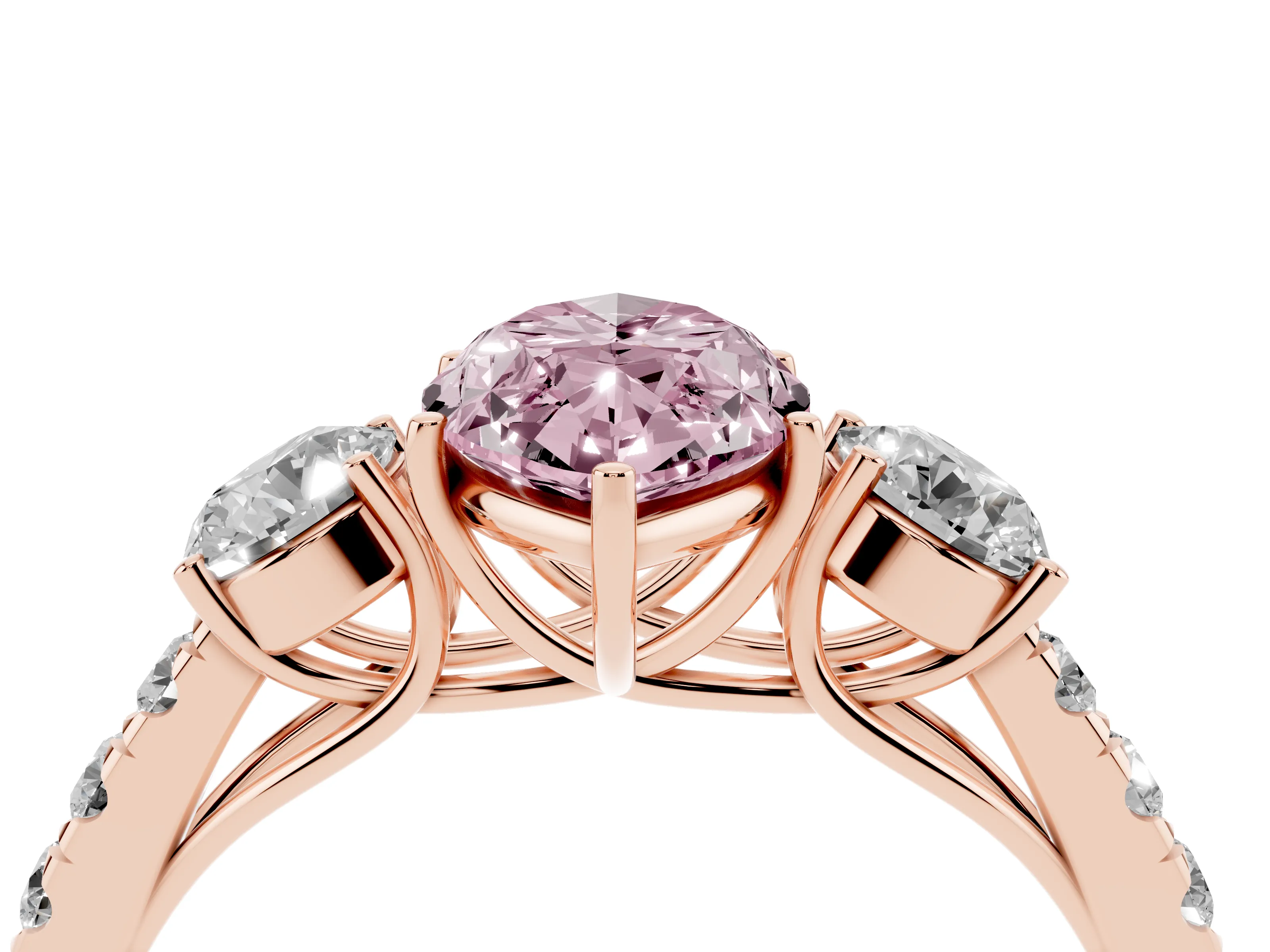 Fancy Pink Marquise Cut Diamond Three-Stone Ring Set in Rose gold with Round Side Stones and Delicate Pavé Band