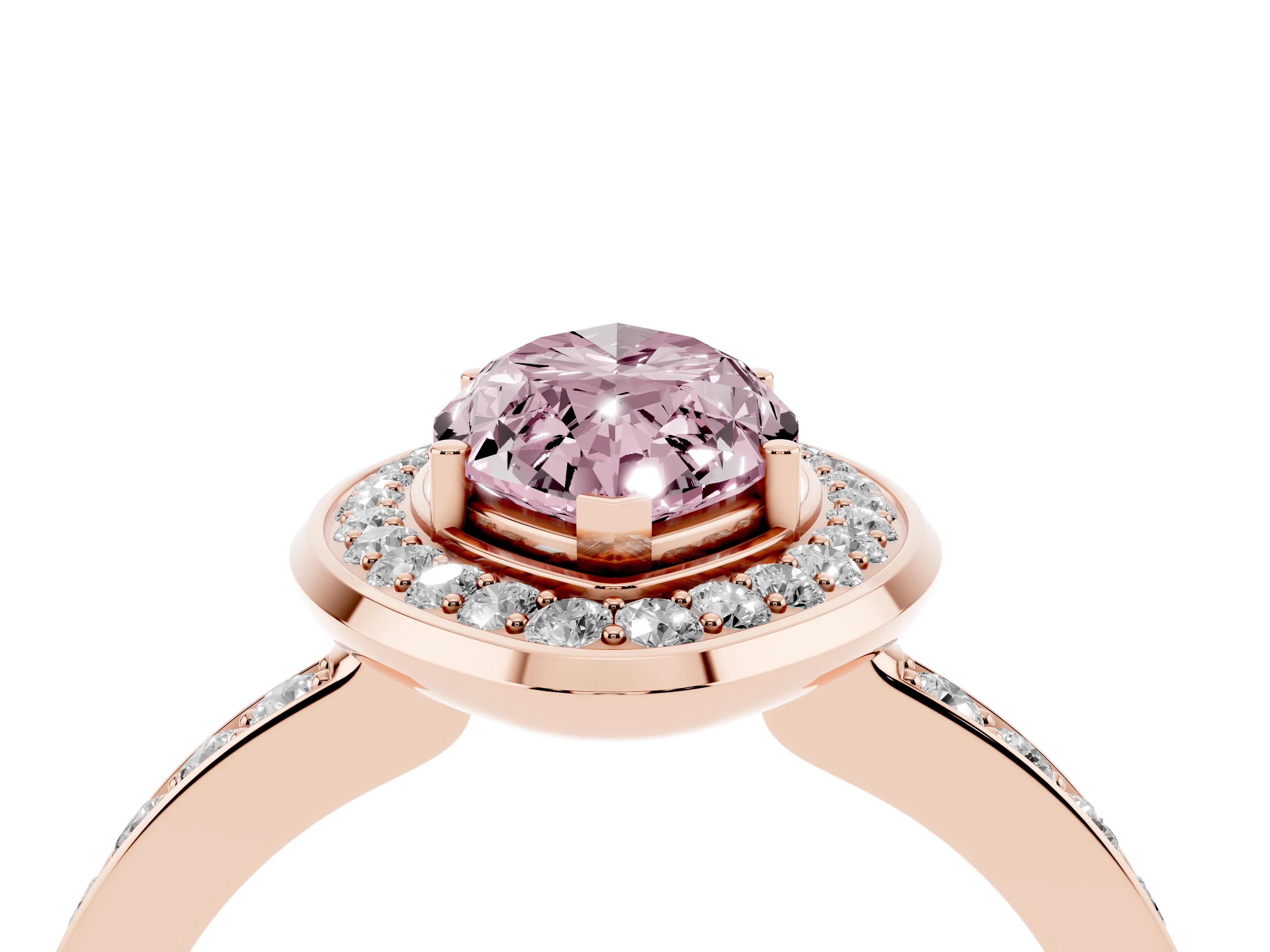 Fancy Pink Marquise Cut Diamond Halo Ring Set in Rose gold with Bezel Frame and Pavé Band