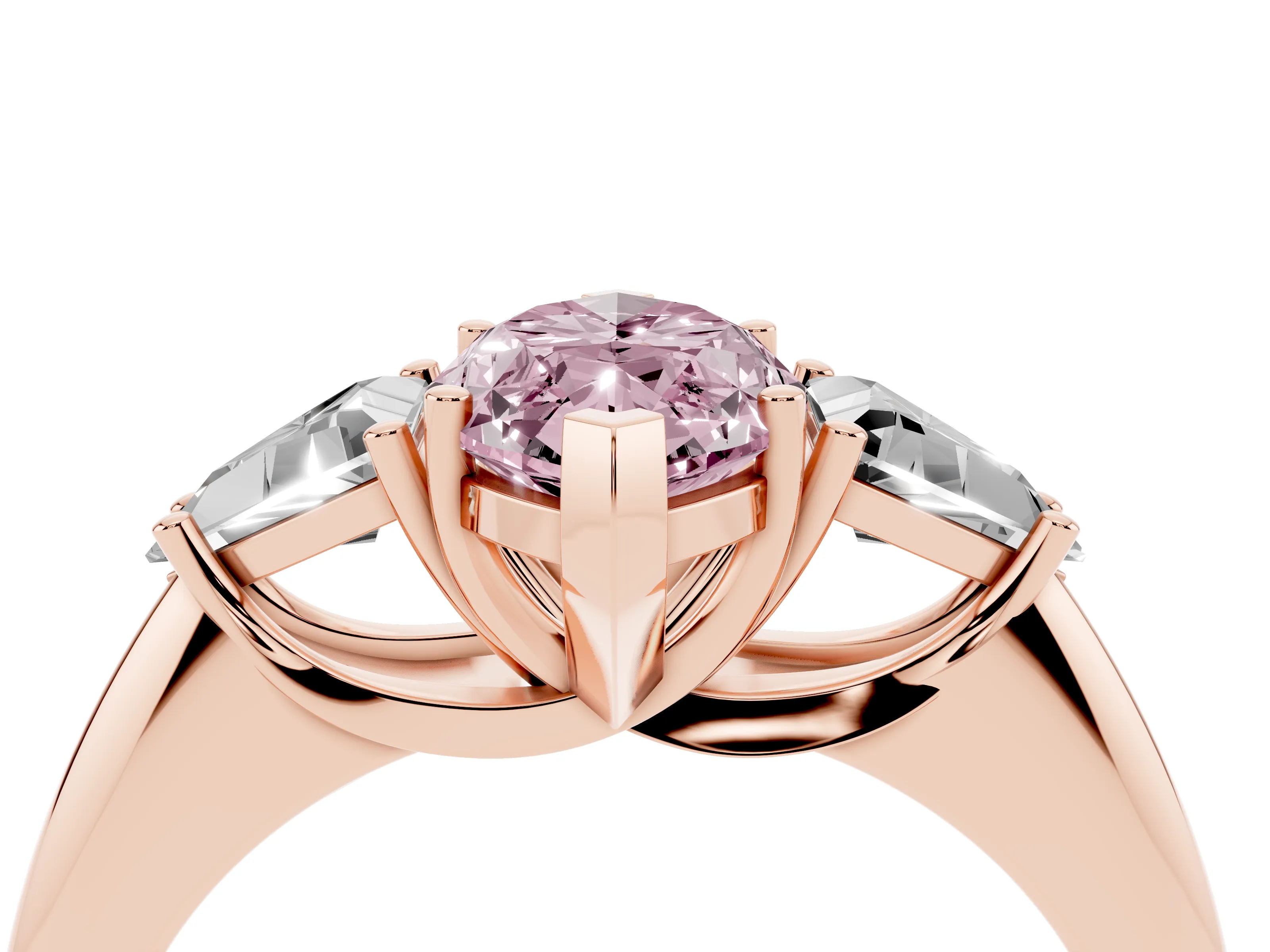 Fancy Pink Marquise Cut Diamond Three-Stone Engagement Ring Set in Rose gold with Trillion Side Stones