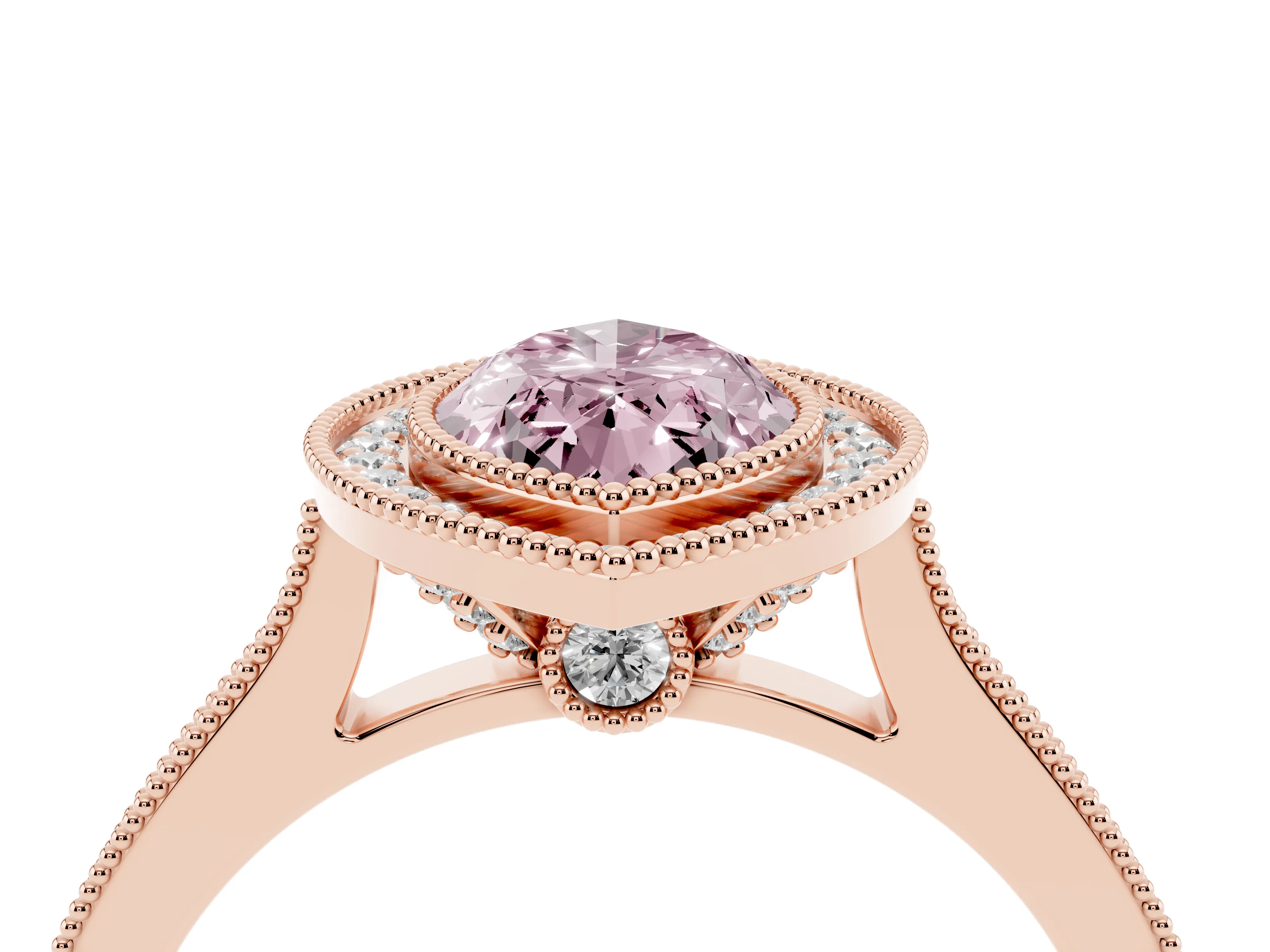 Fancy Pink Marquise Cut Diamond Halo Milgrain Pavé Band Ring Set in Rose gold with Prong Setting