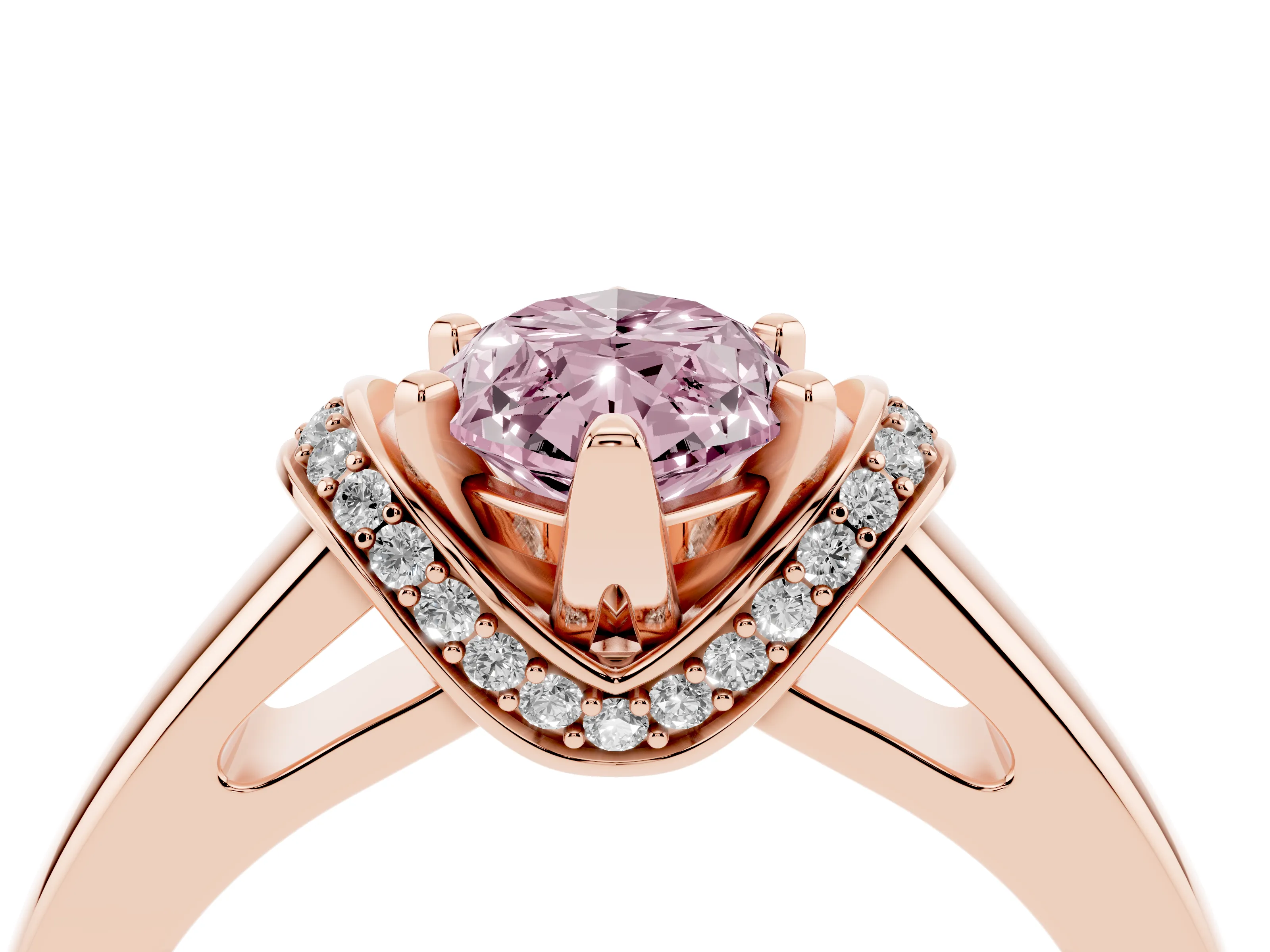 Fancy Pink Marquise Cut Diamond Pavé Band Solitaire Ring Set in Rose gold with Prong Setting