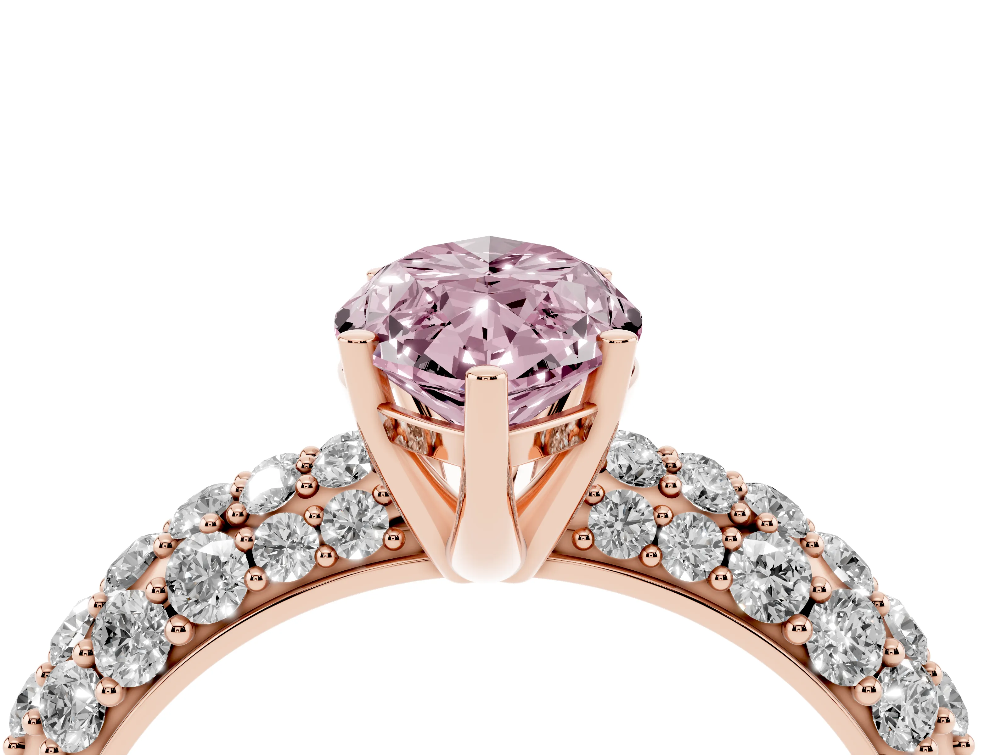 Fancy Pink Marquise Cut Diamond Pavé Band Solitaire Ring Set in Rose gold with Close-Set Accent Stones and Prong Setting