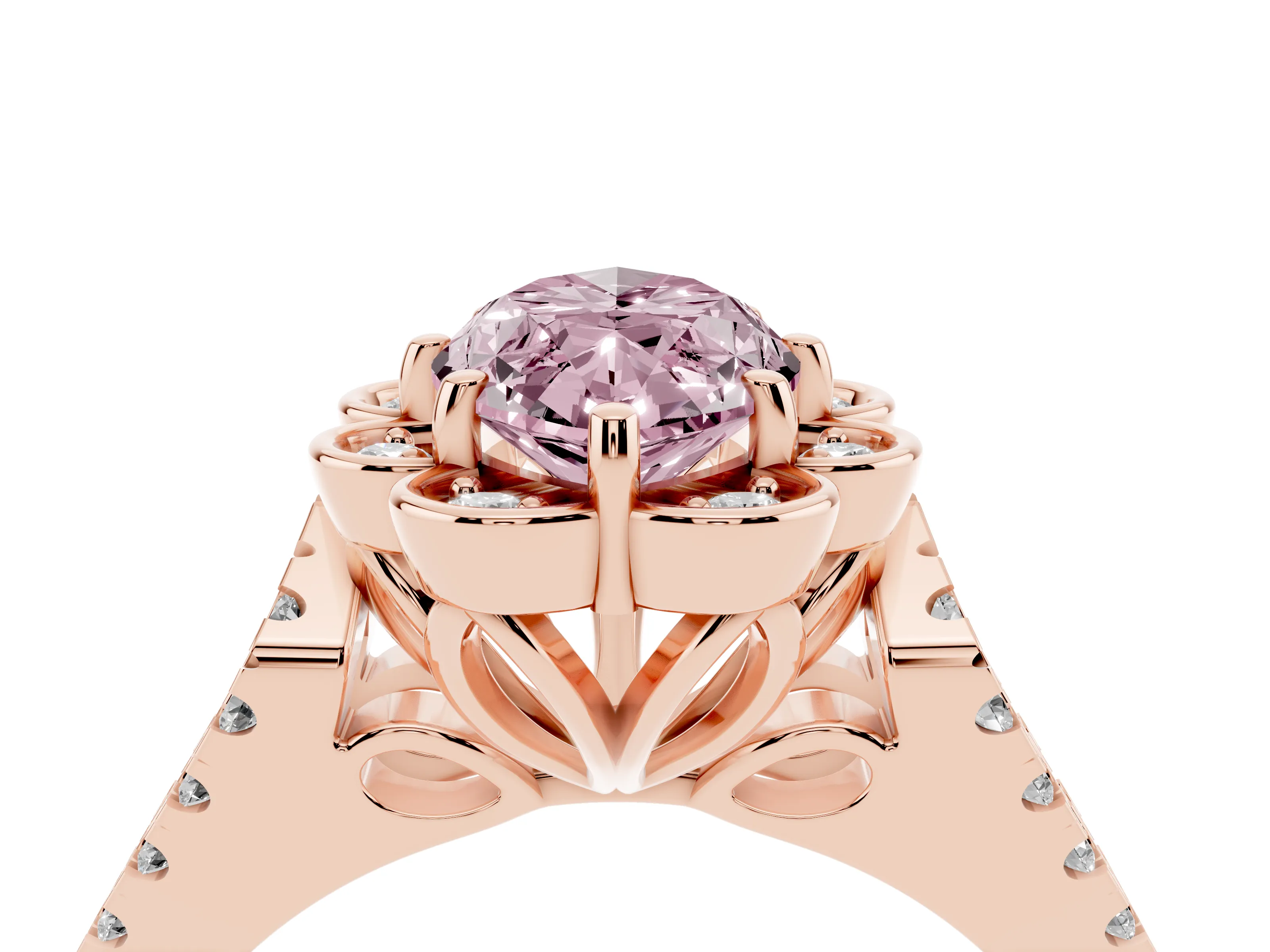 Fancy Pink Marquise Cut Diamond Floral Halo Split Shank Engagement Ring Set in Rose gold with Pavé Shank