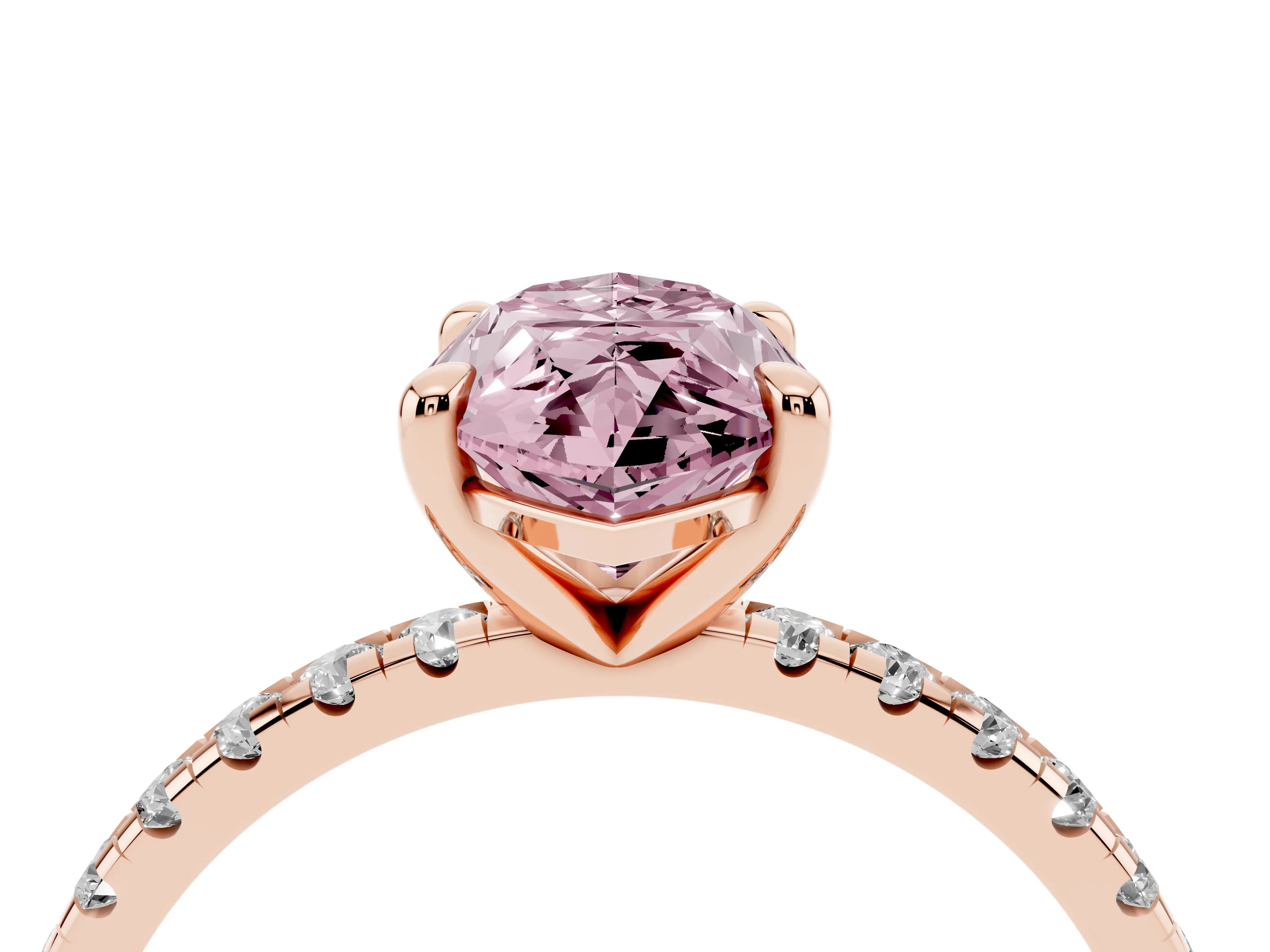 Fancy Pink Marquise Cut Diamond Brilliant Solitaire Ring Set in Rose gold with Pavé Band and Prong Setting