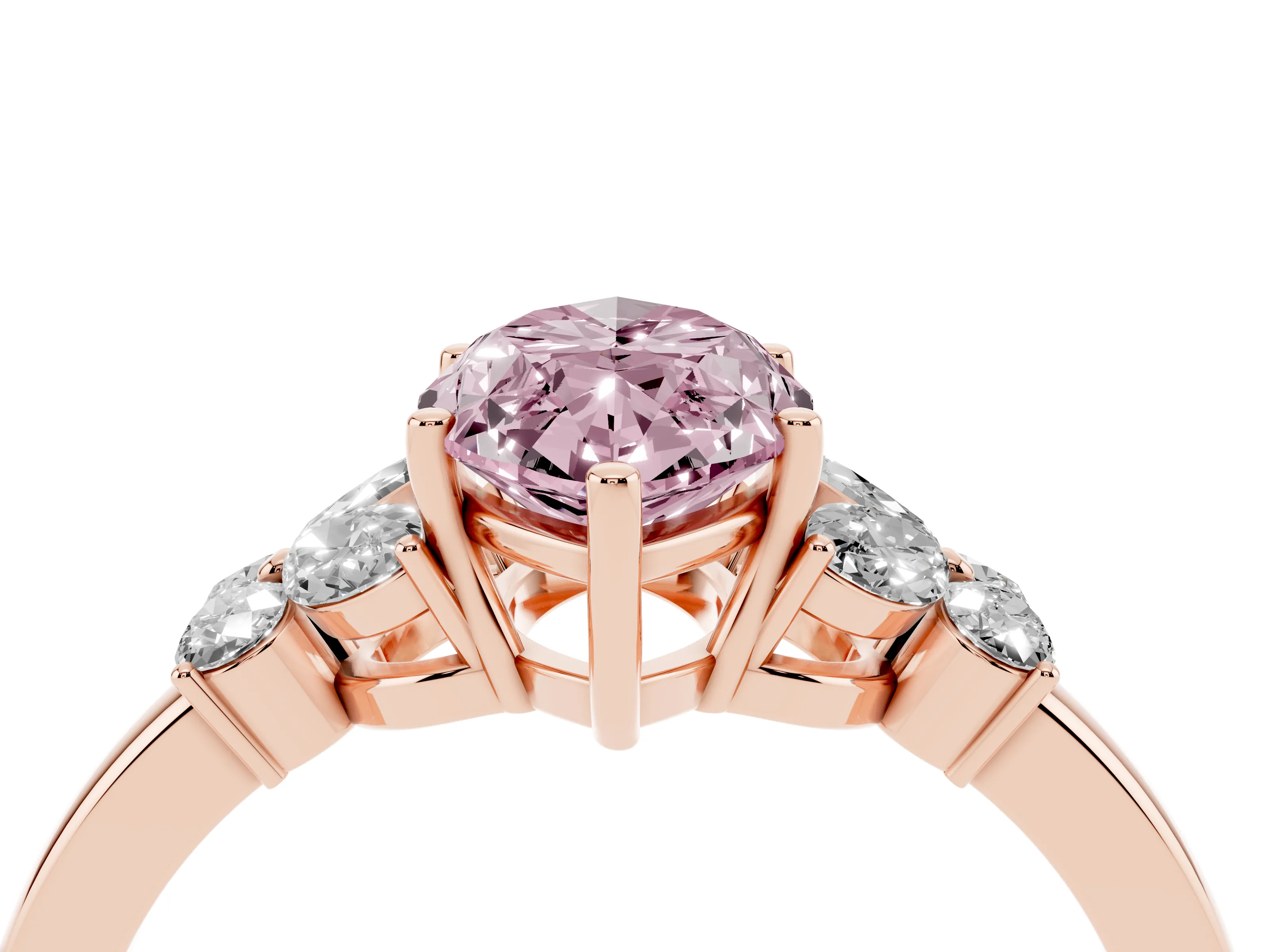 Fancy Pink Marquise Cut Diamond Solitaire Floral Ring Set in Rose gold with Marquise Petals and Prong Setting